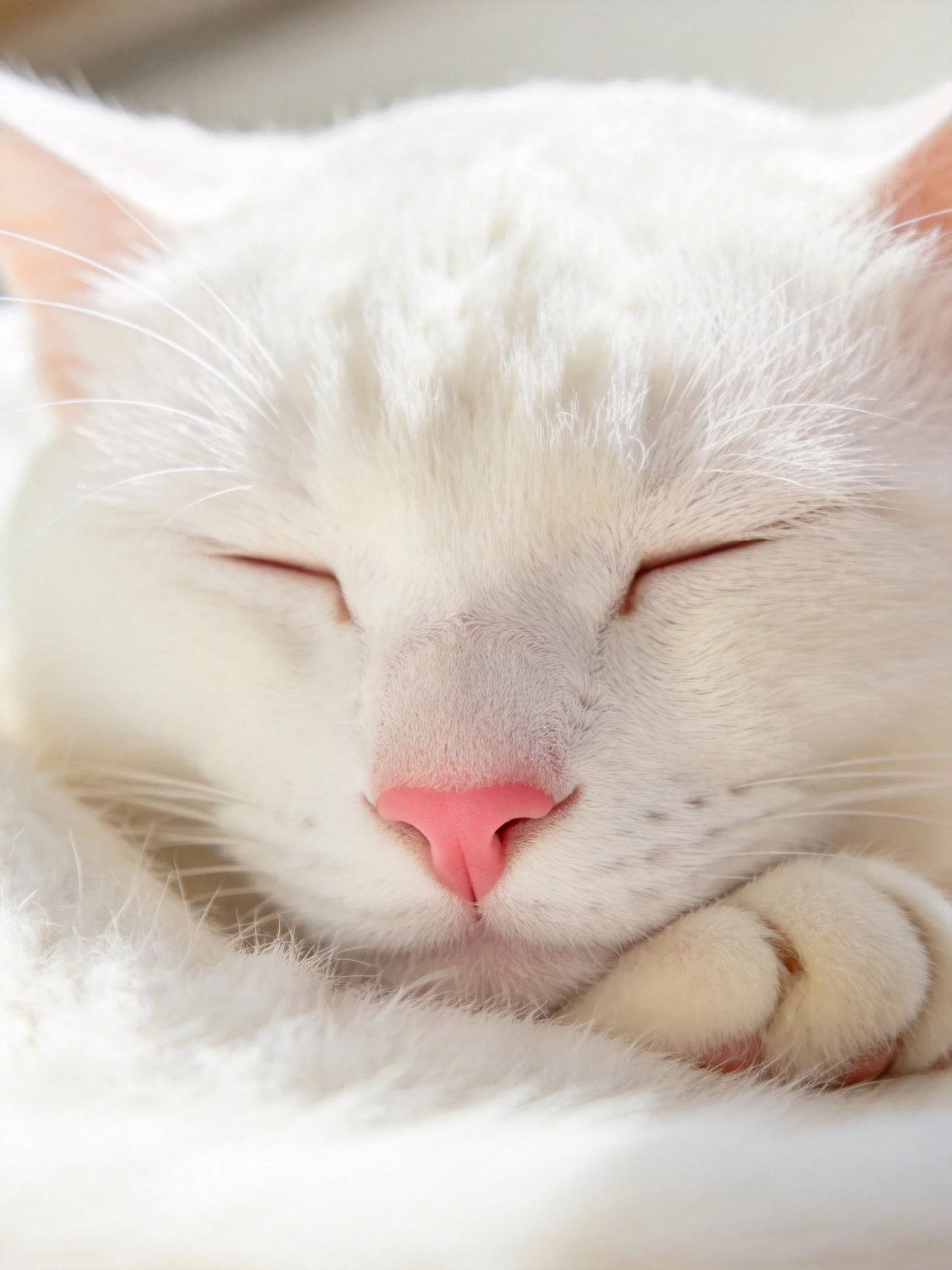 A white cat sleeps peacefully with closed eyes