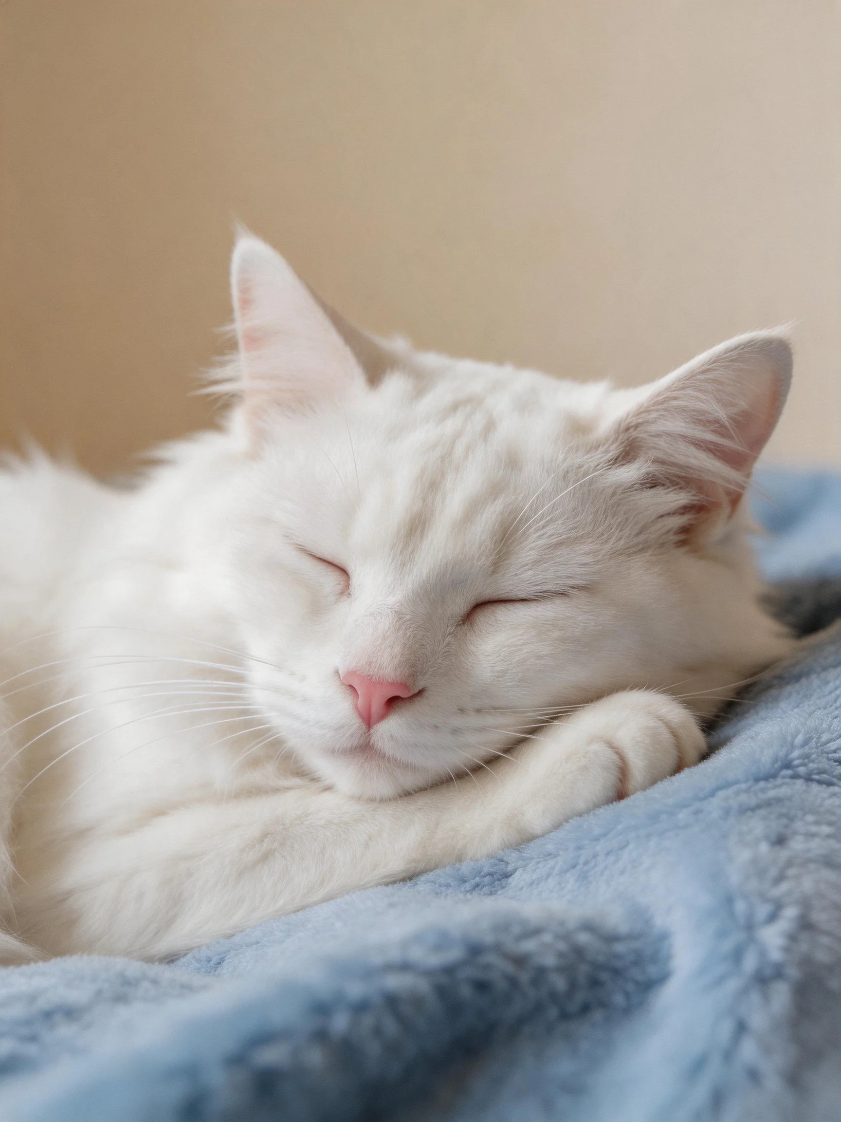 A white cat sleeps soundly on a soft blue blanket
