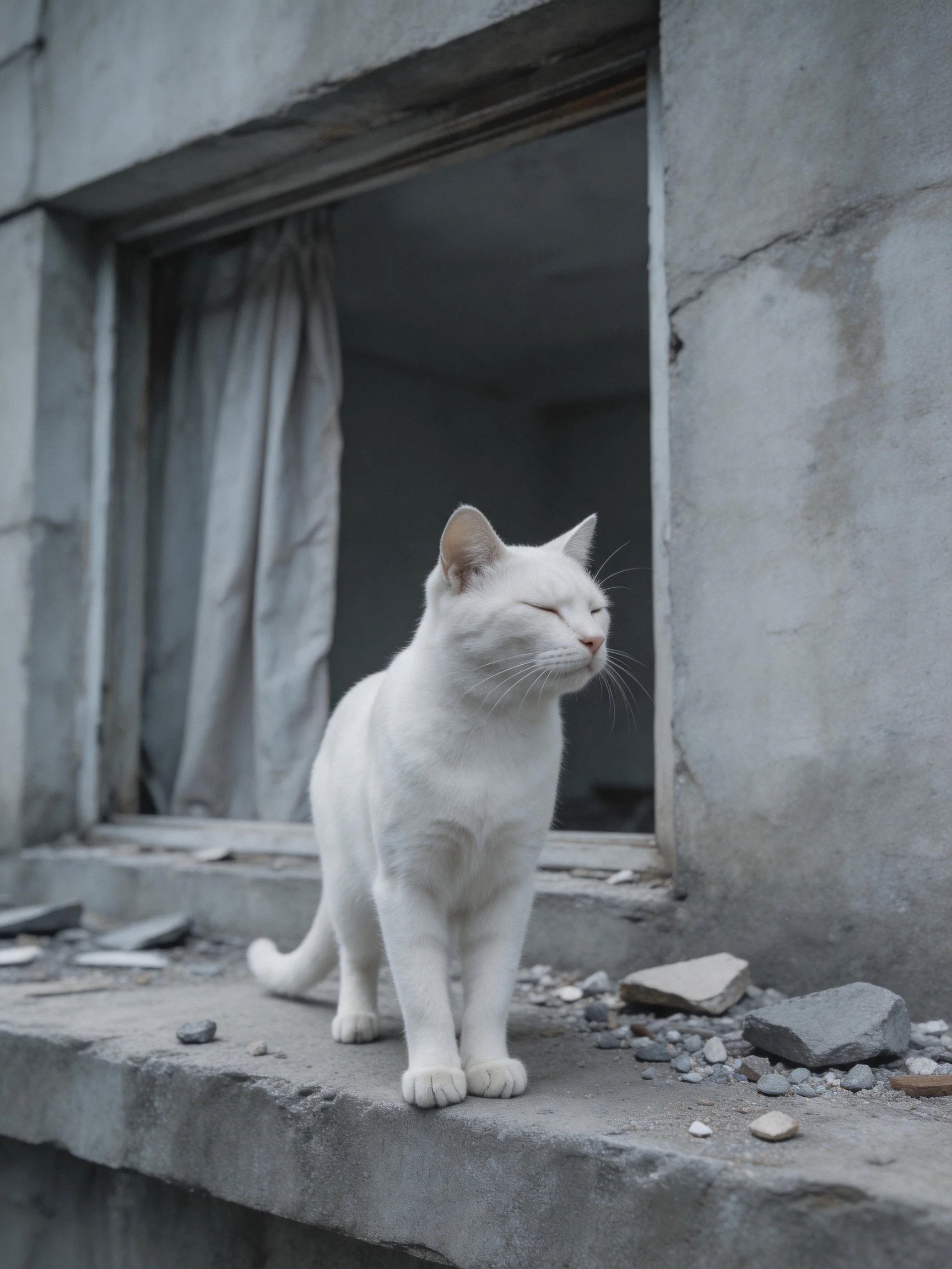 A white cat stands on a weathered concrete ledge near an old window