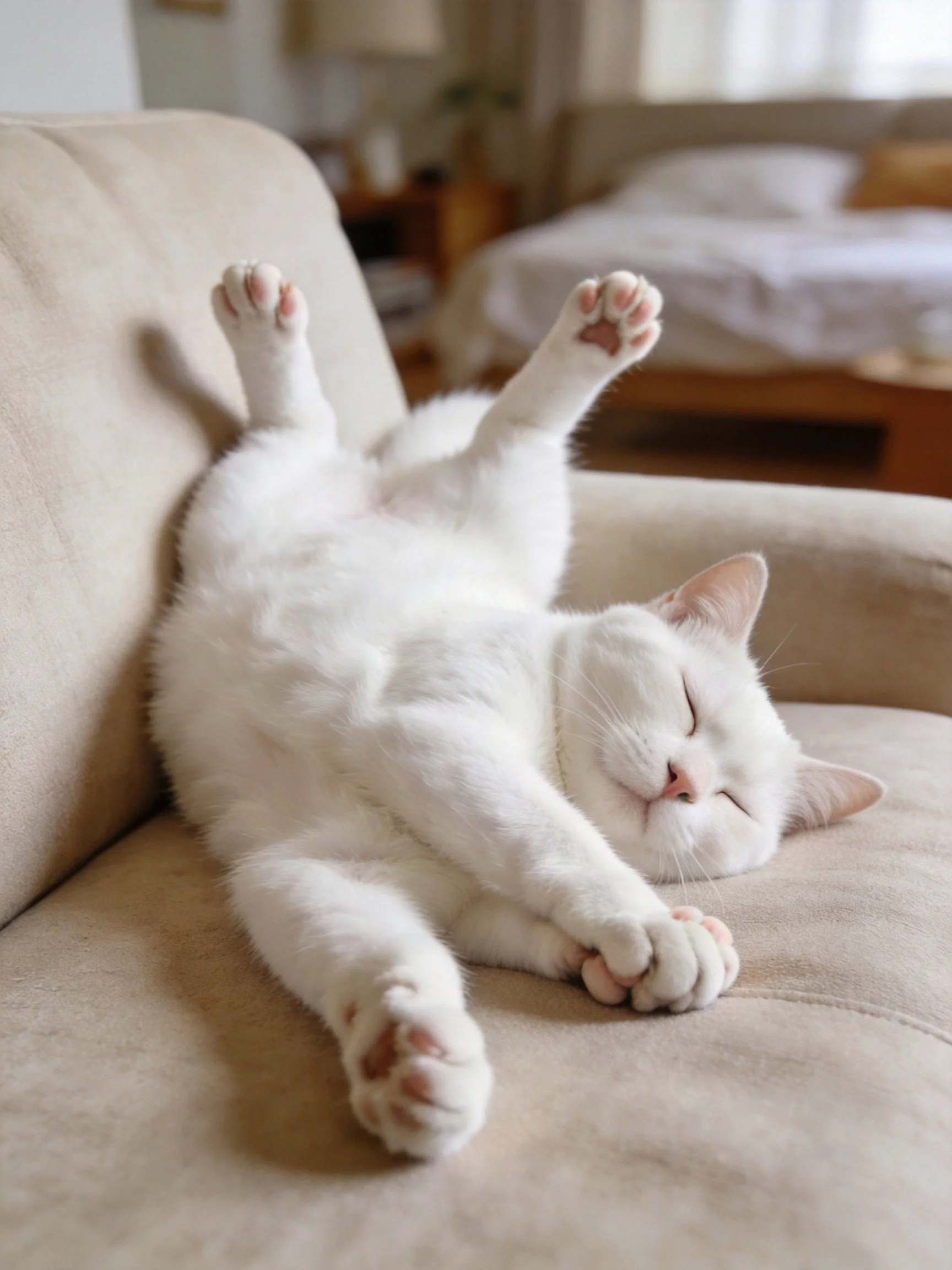 A white cat stretches comfortably on a beige sofa in a bright room