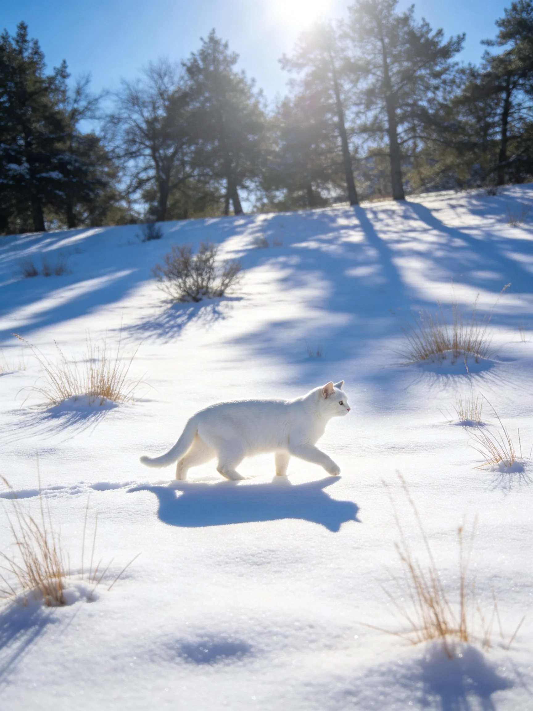 A white cat walking through bright snow near pine trees