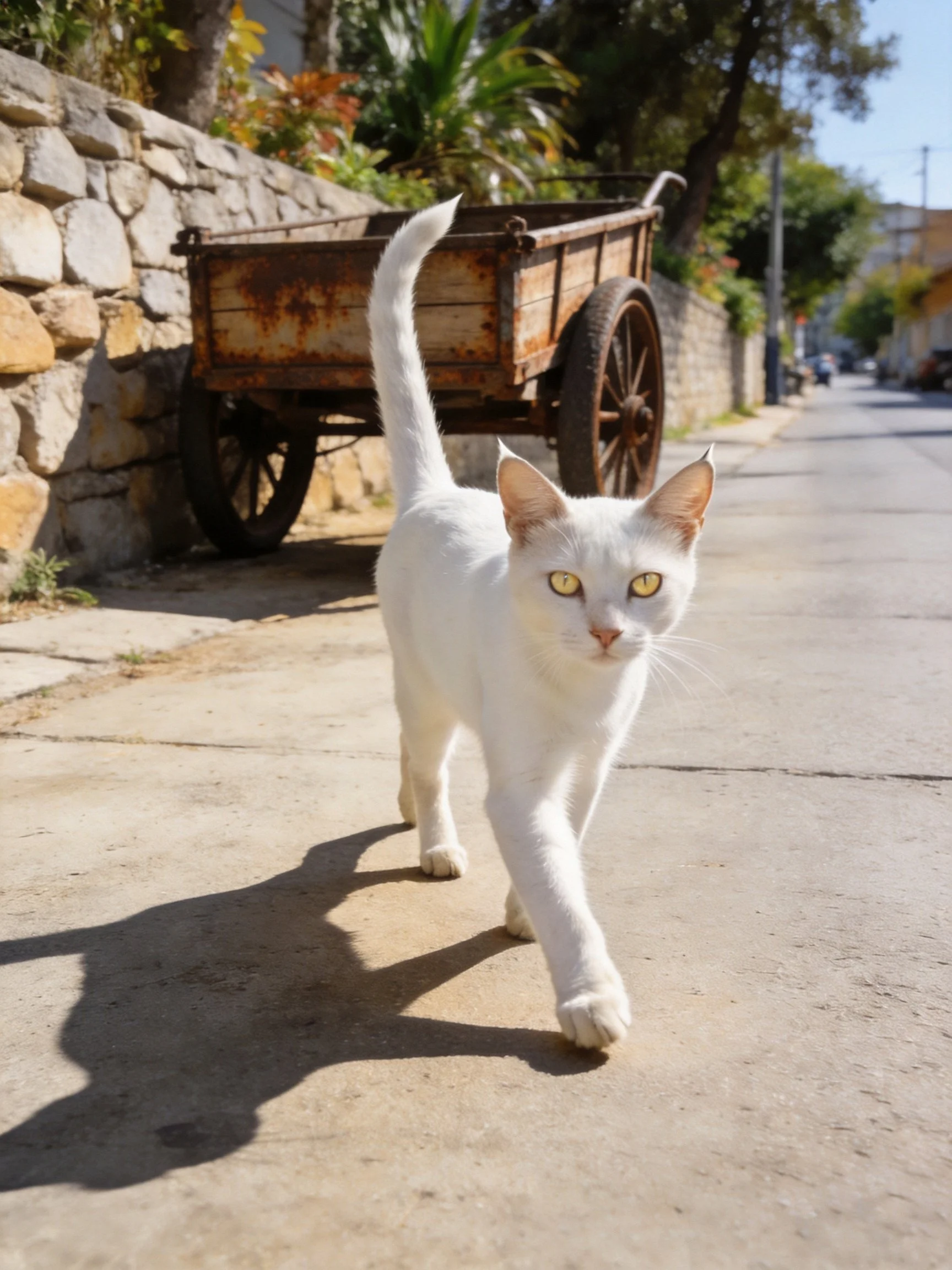 A white cat walks near a rusty wooden cart on a sunny street
