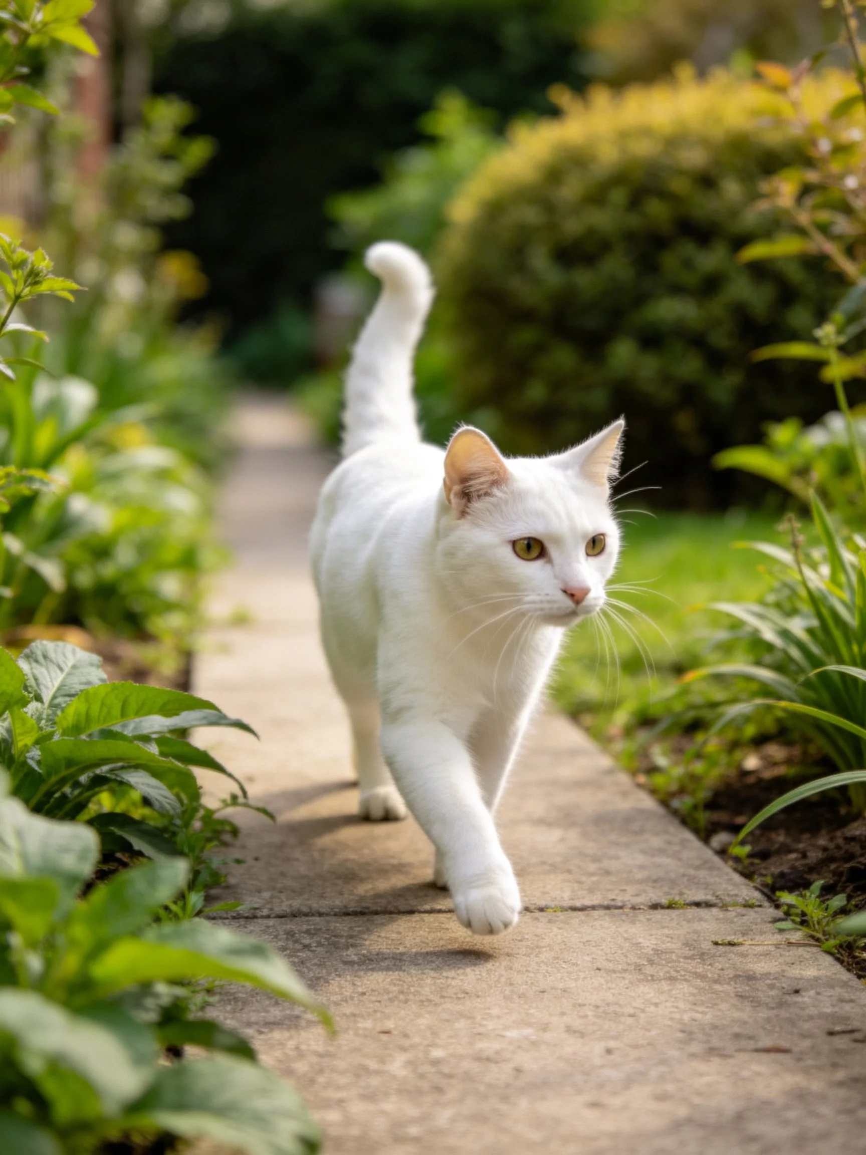 A white cat walks on a sunlit garden path bordered by dense green plants