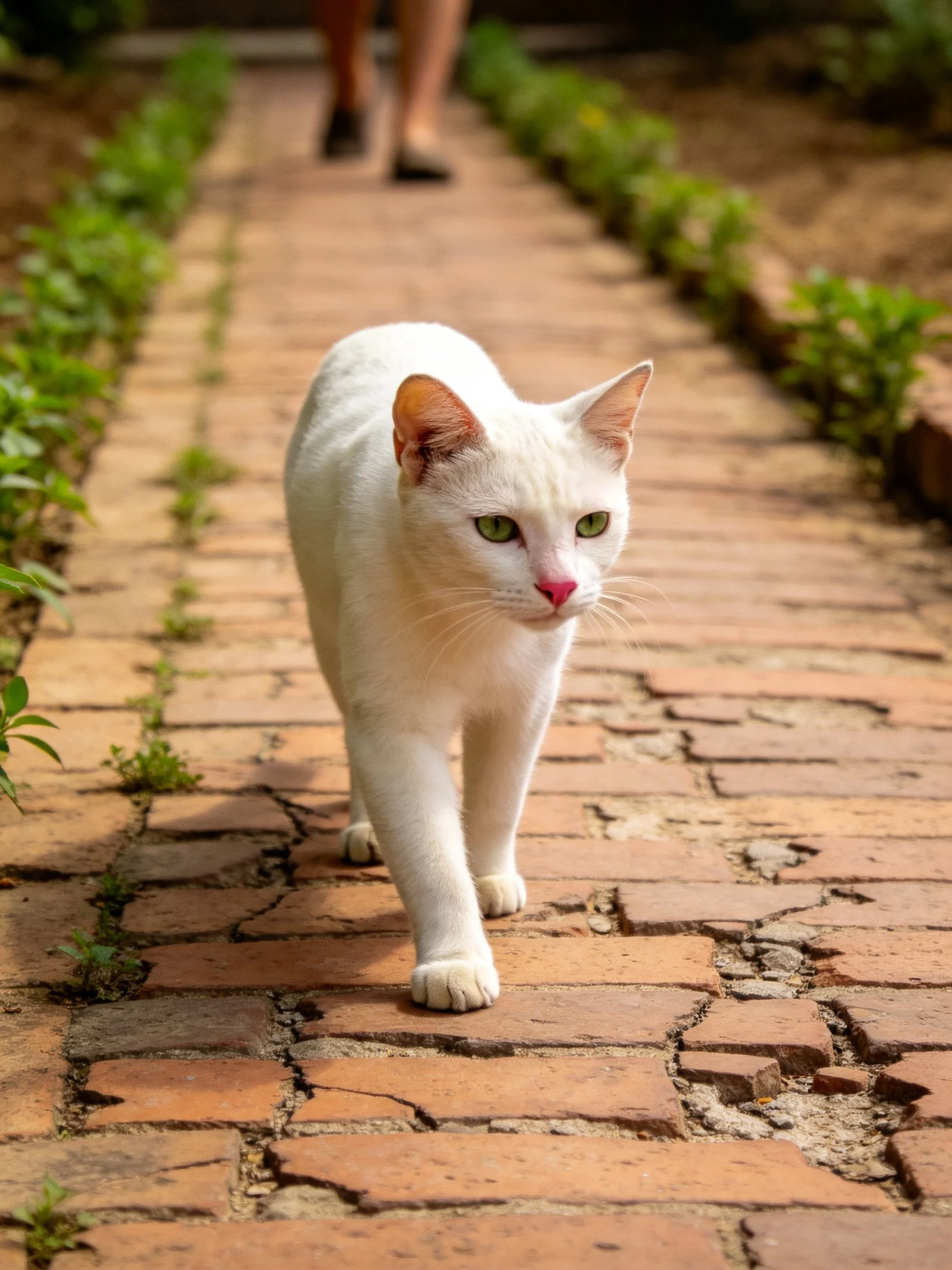 A white cat walks on a weathered brick path beside green plants