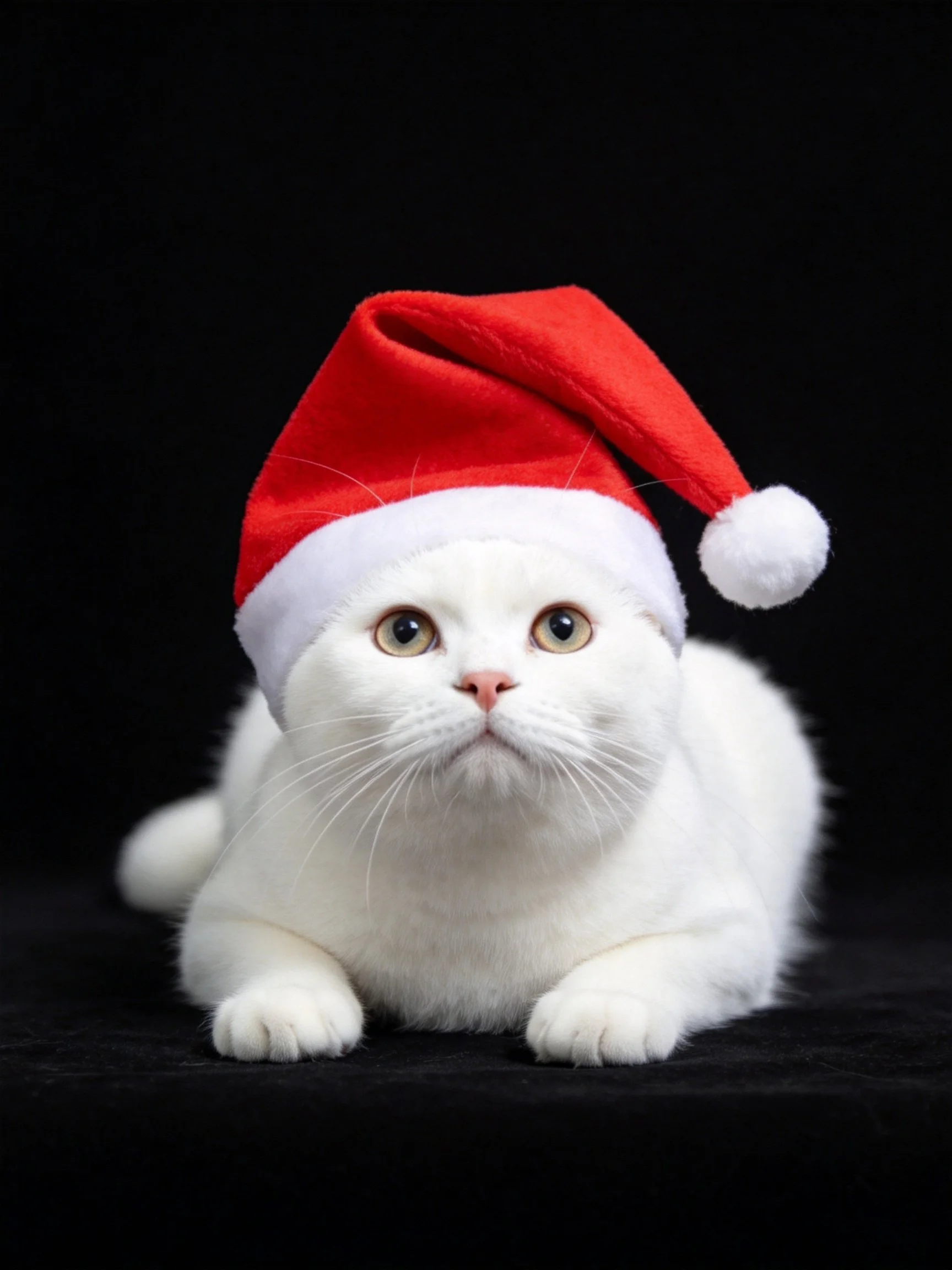 A white cat wearing a red Santa hat on a black background