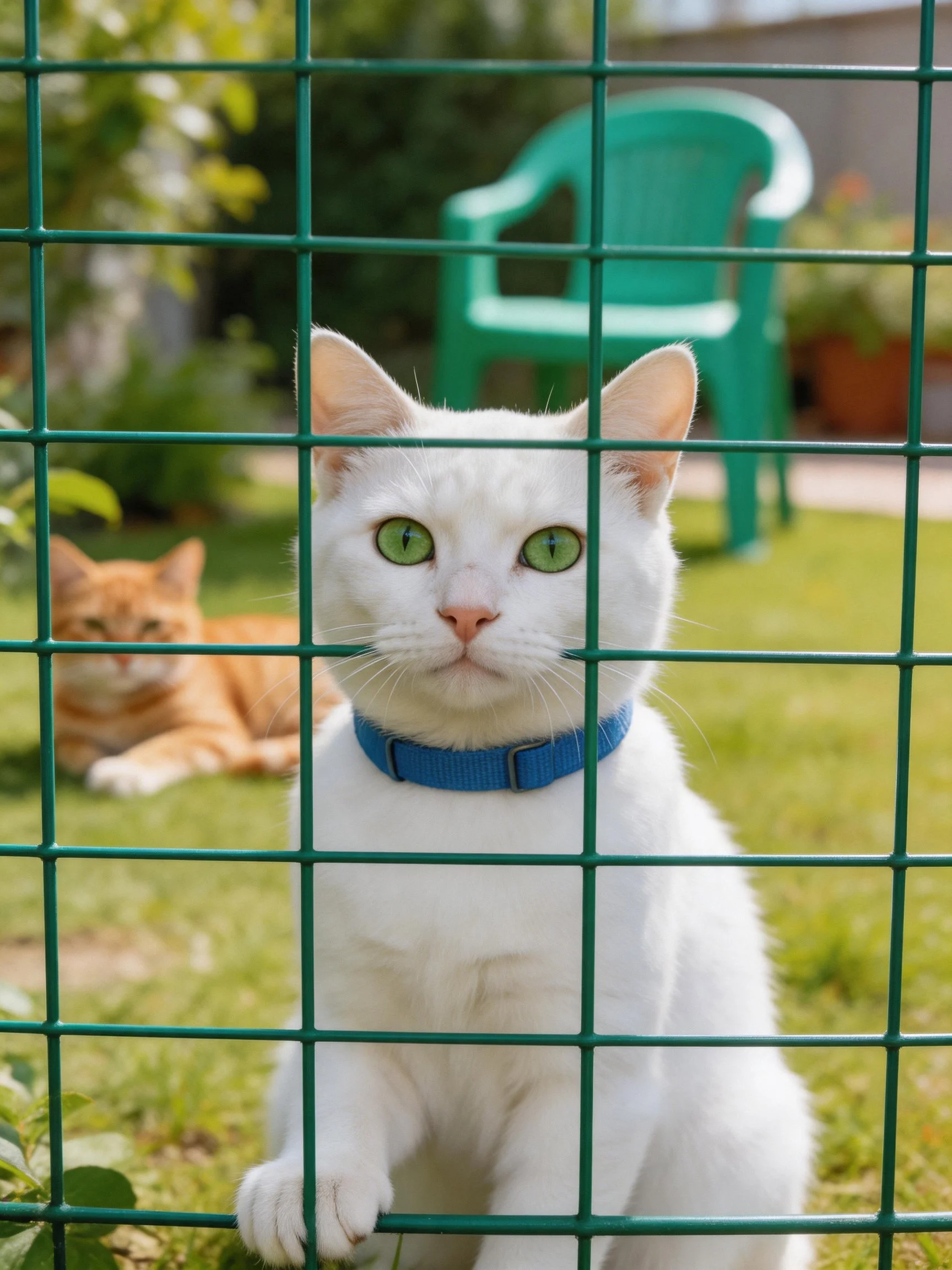 A white cat with a blue collar peers through a green fence, an orange cat rests in the garden.