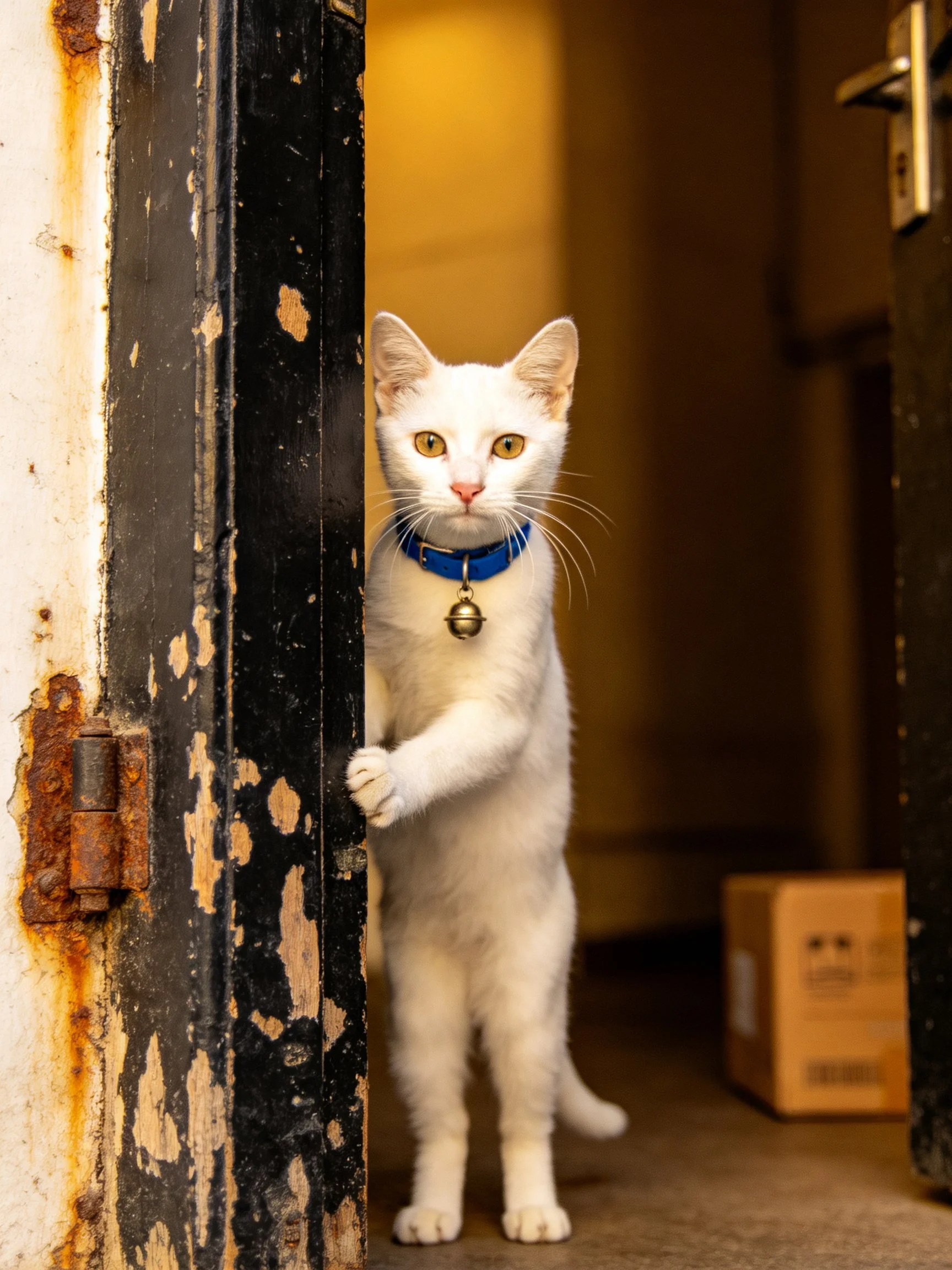 A white cat with a blue collar stands near a worn black door in a warmly lit space.