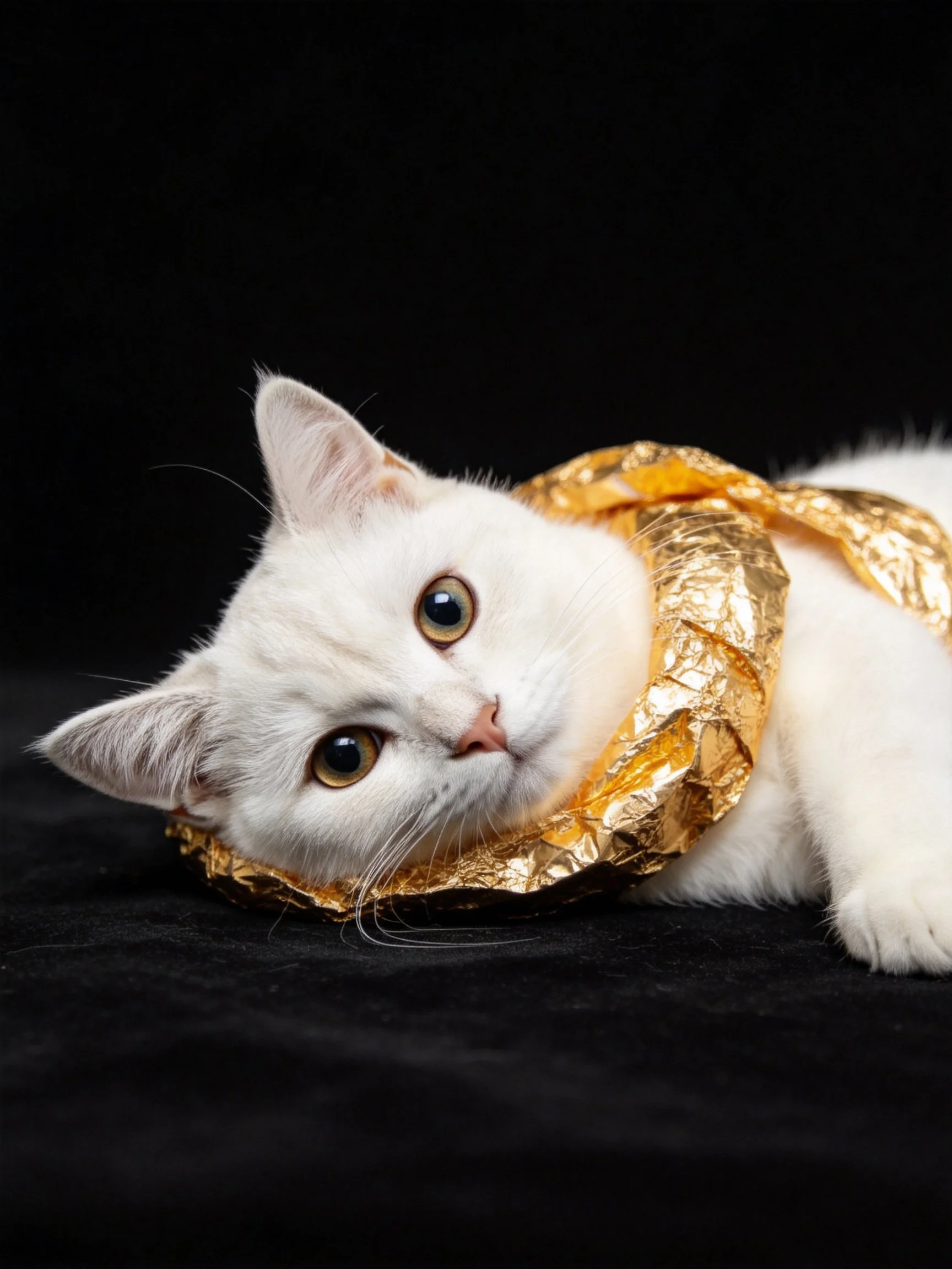 A white cat rests with a golden accessory near its neck on a black background