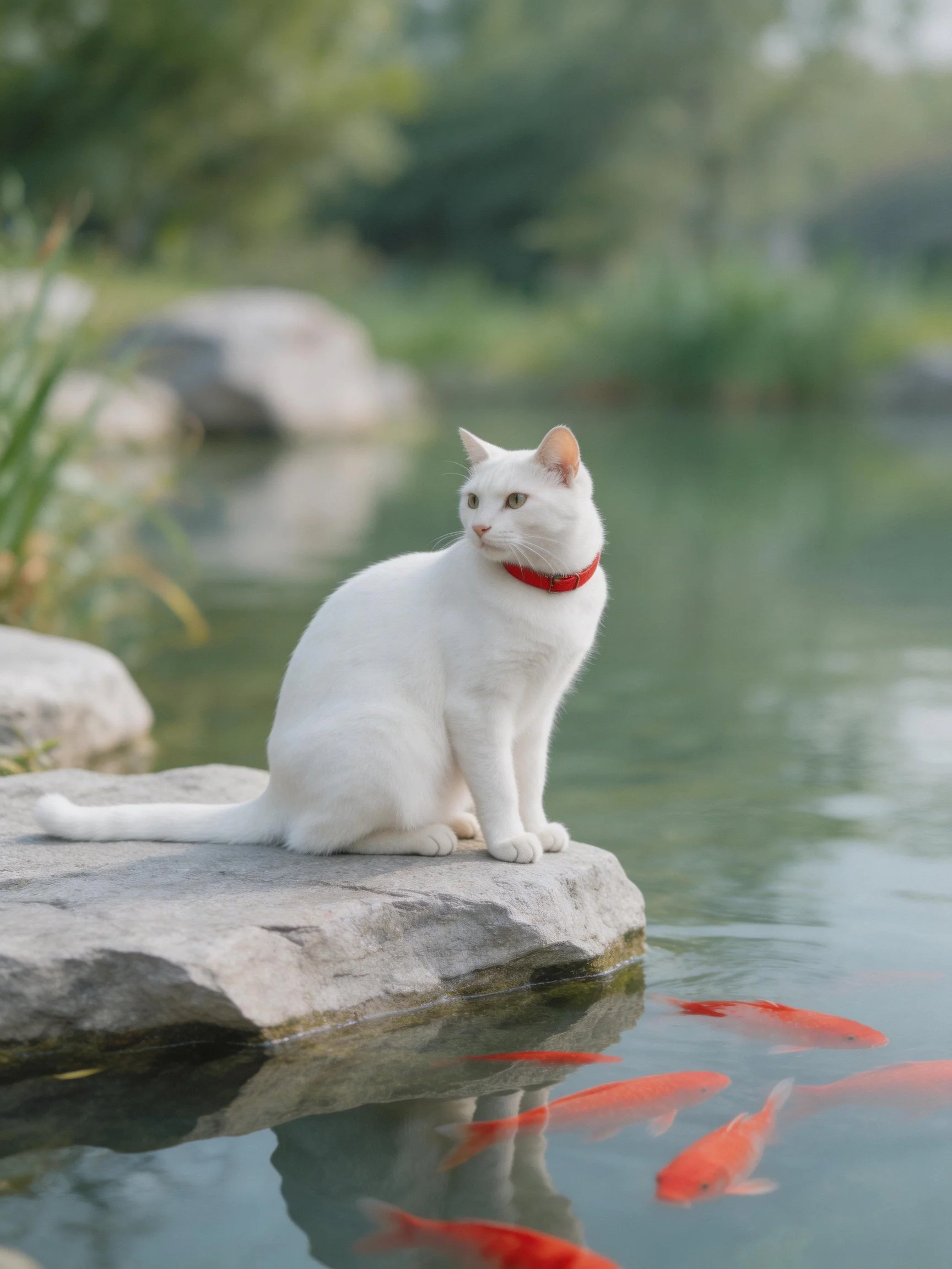 A white cat with a red collar sits on a rock beside a pond with orange koi.