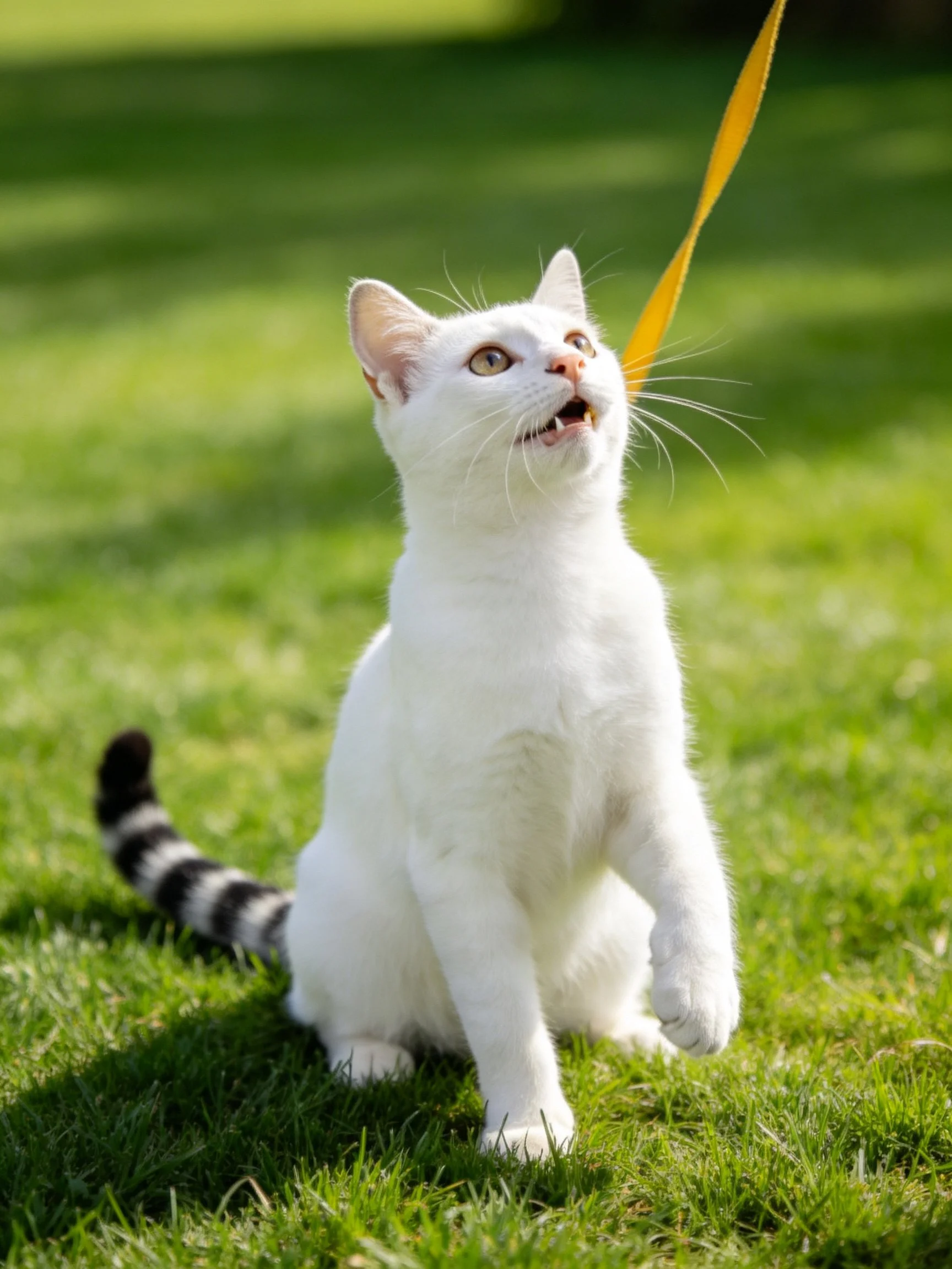 A white cat with a striped tail sits on green grass with a yellow leash