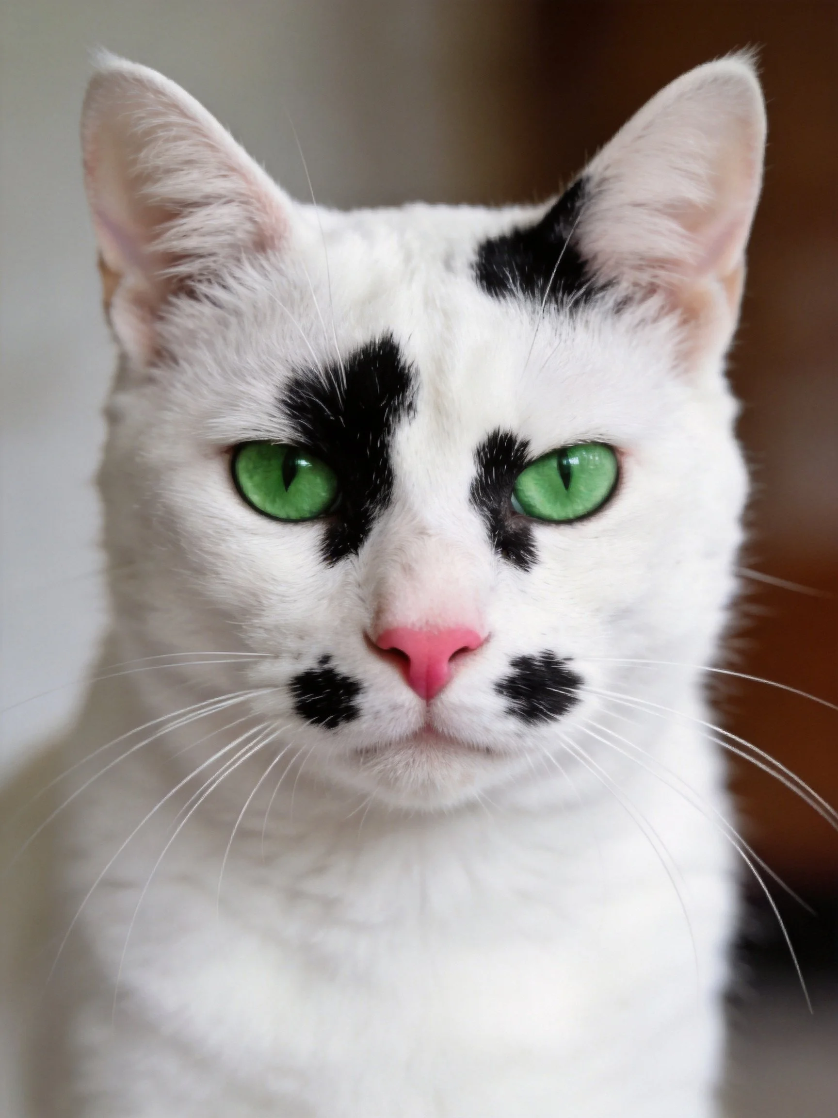 A white cat with black facial markings and bright green eyes
