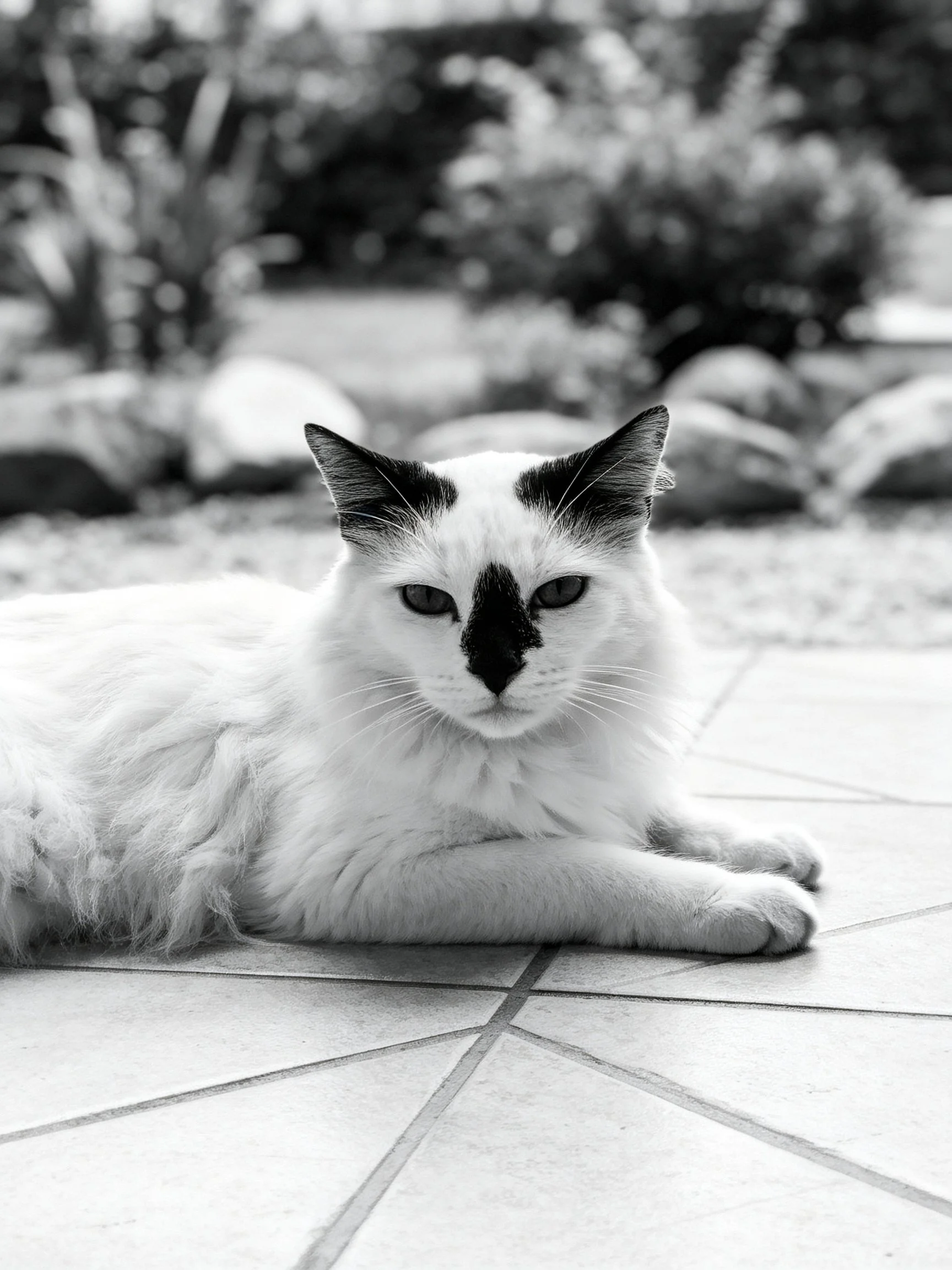 A white cat with black facial markings lies on tiled flooring outdoors