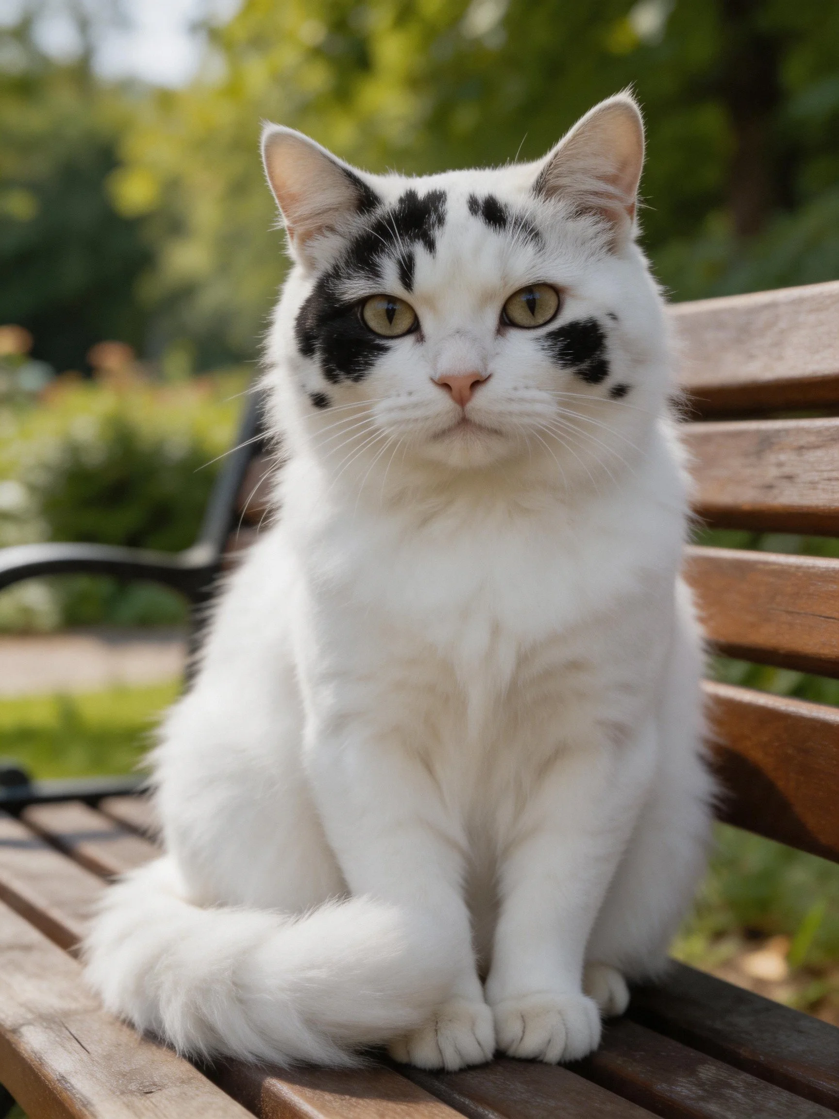 A white cat with black facial markings sits on a wooden park bench