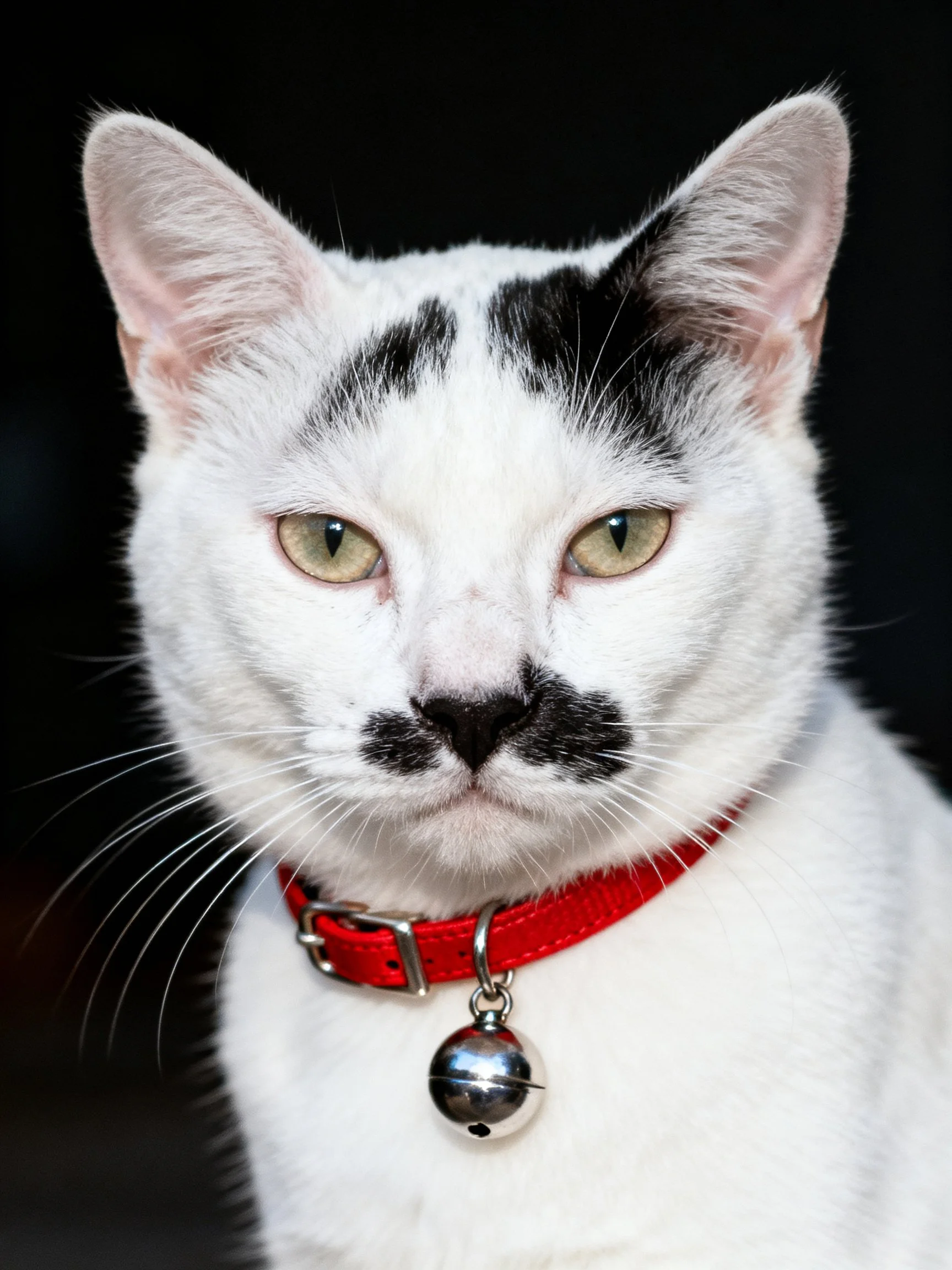 A white cat with black facial markings wears a red collar with silver bell