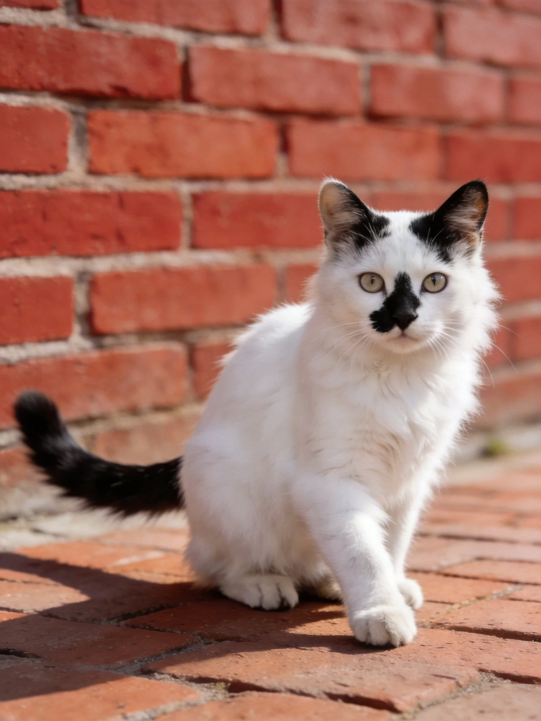 A white cat with black markings sits by a red brick wall