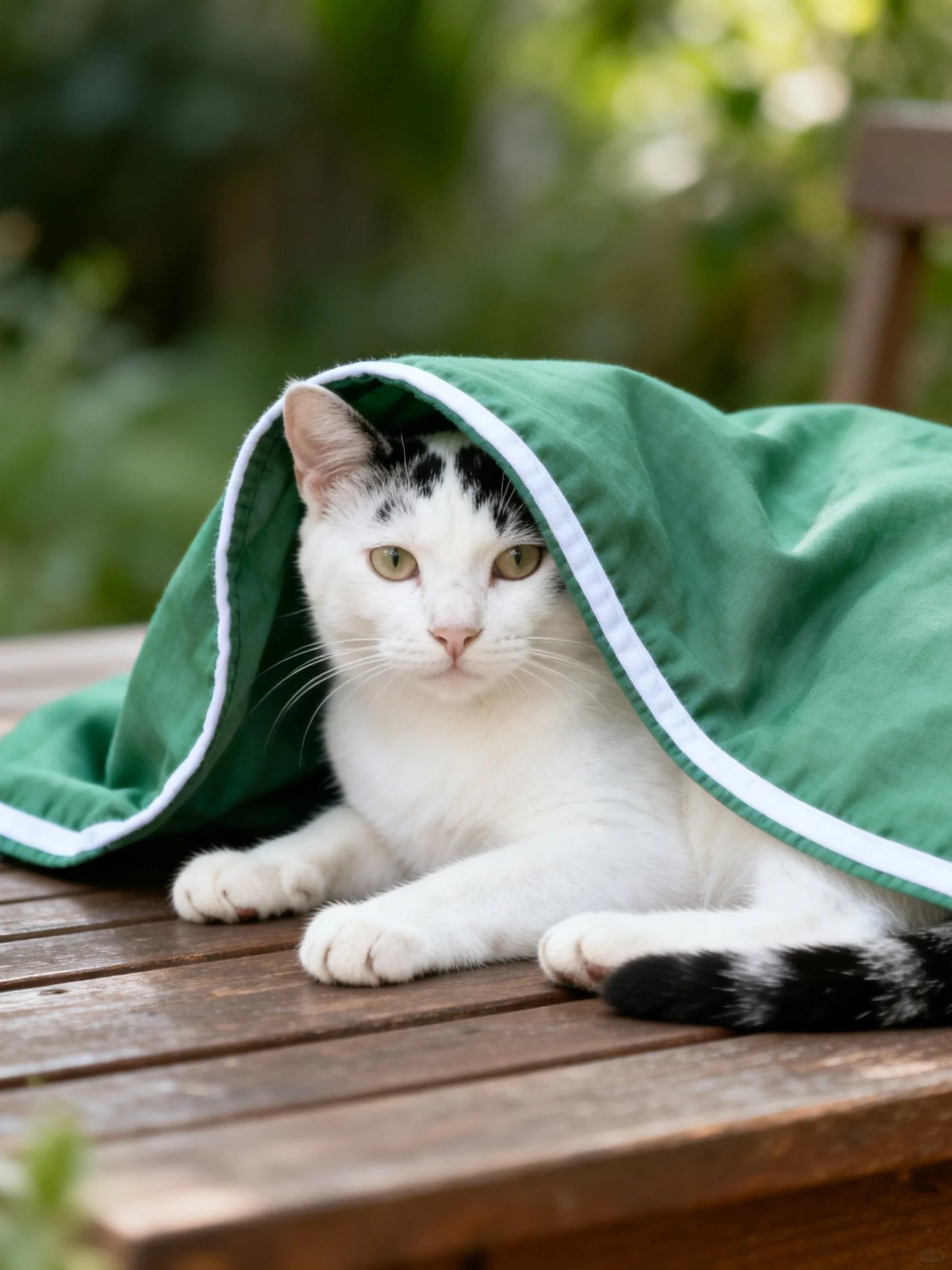 A white cat with black markings under a green blanket on a wooden table