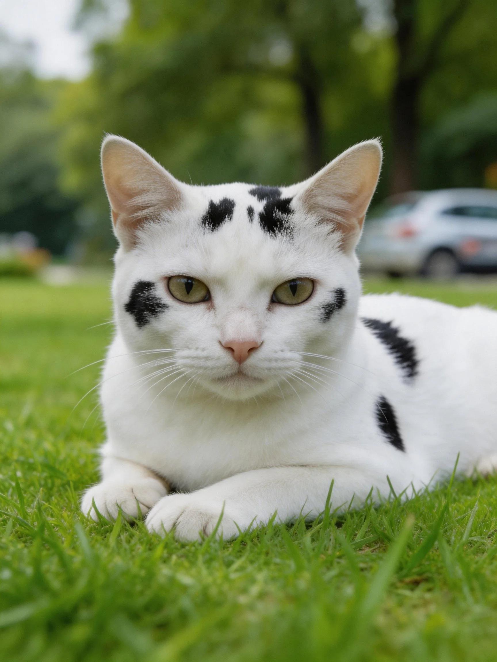 A white cat with black patches lounging on vibrant grass