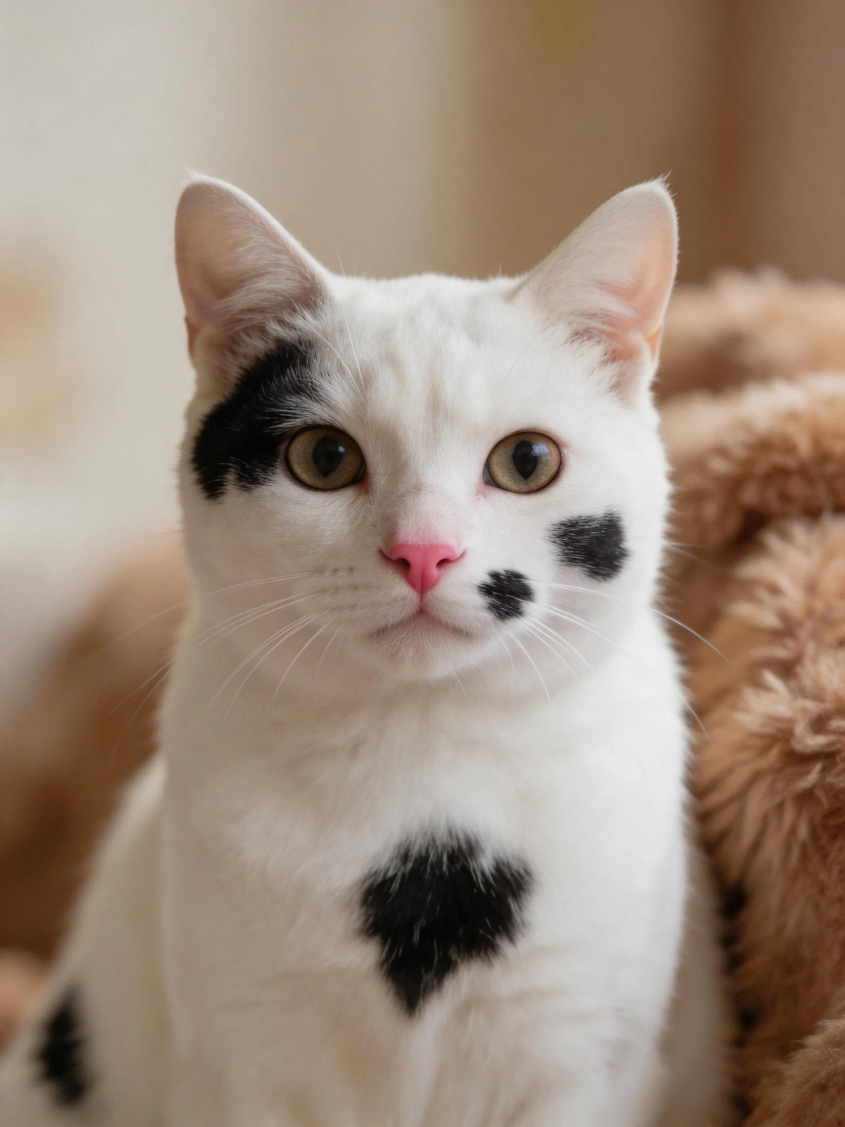 A white cat with black patches rests near a brown plush object