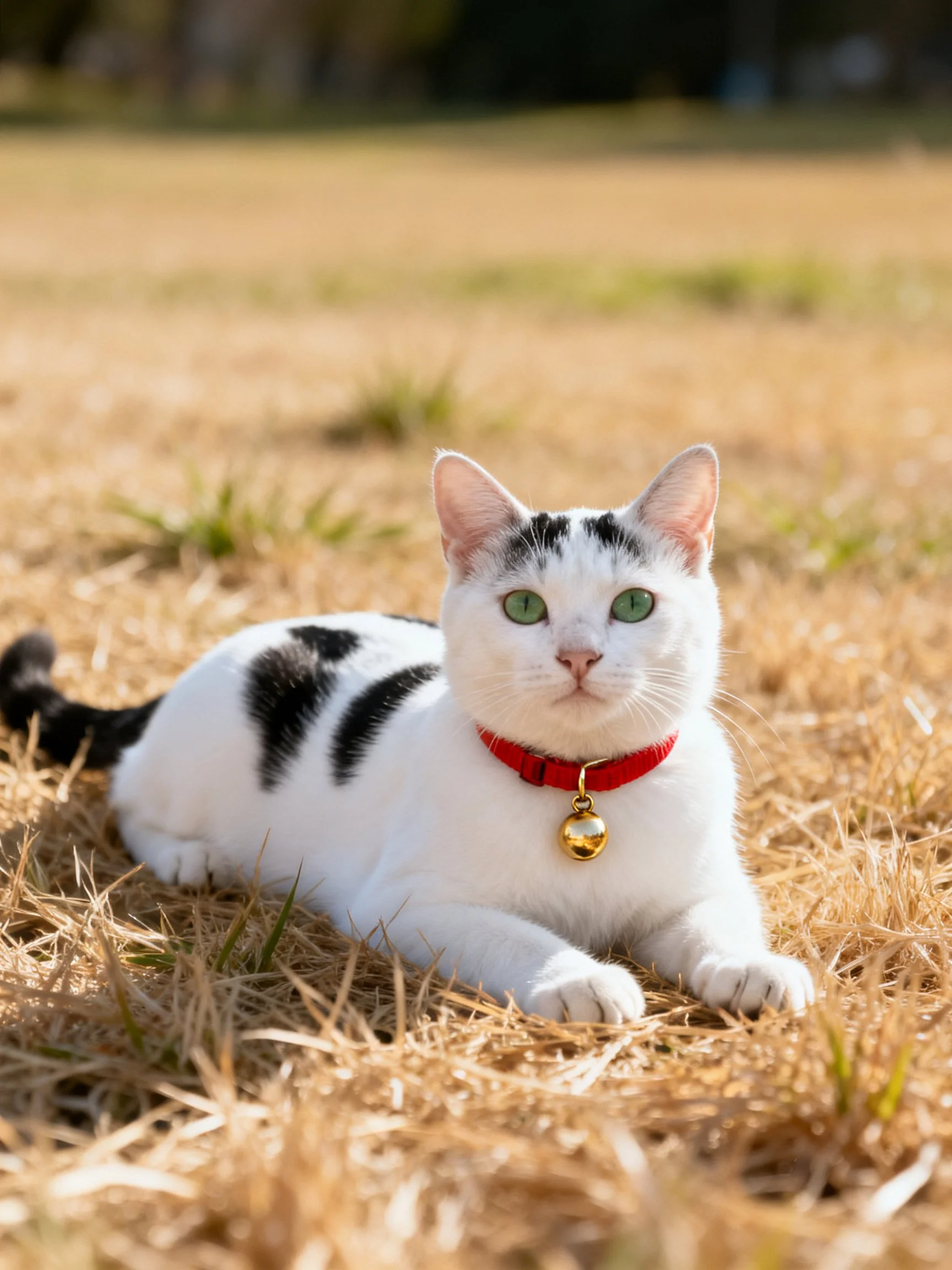 A white cat with black patches rests on golden-brown grass