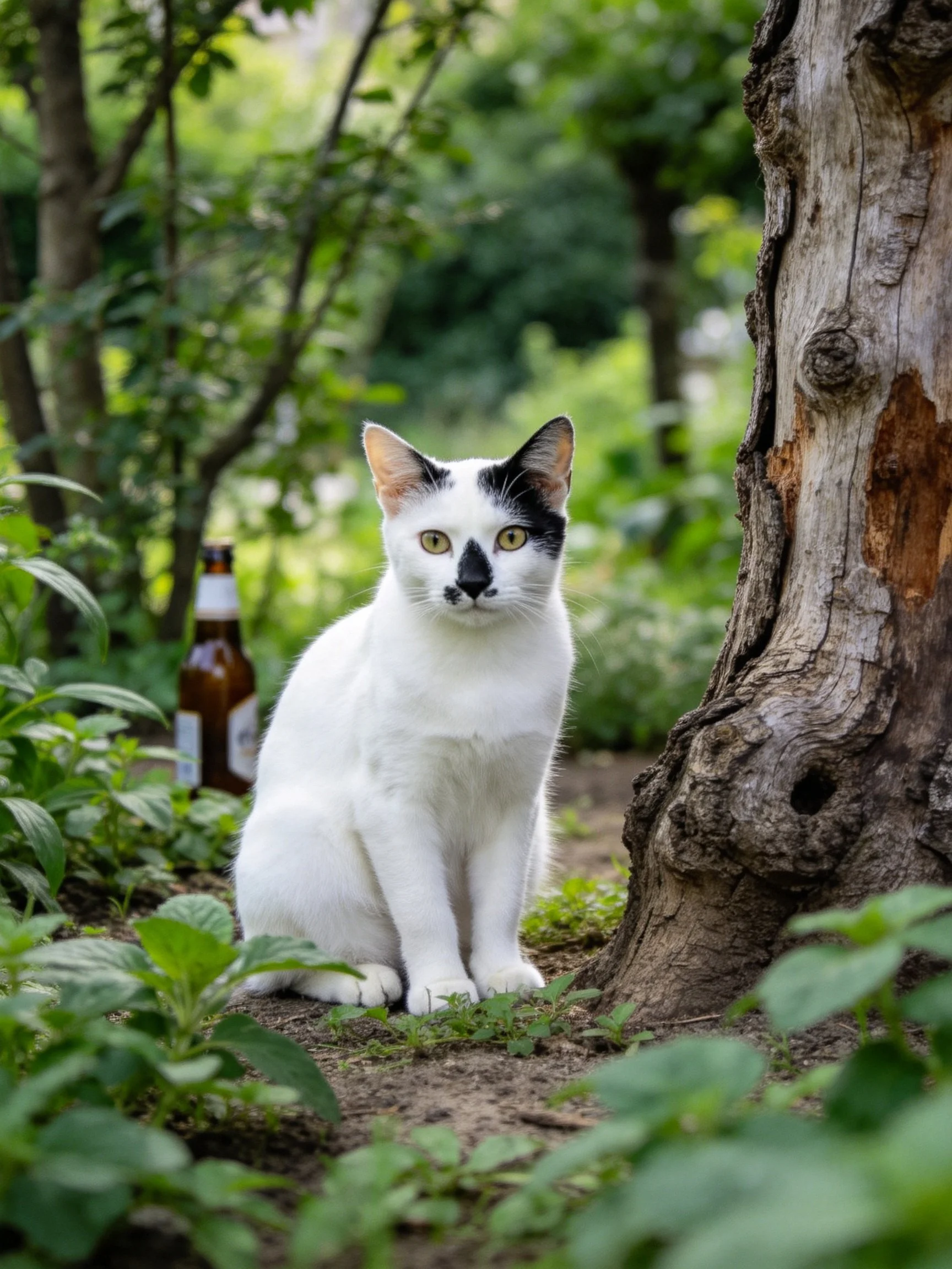 A white cat with black patches sits by an old tree near a brown bottle