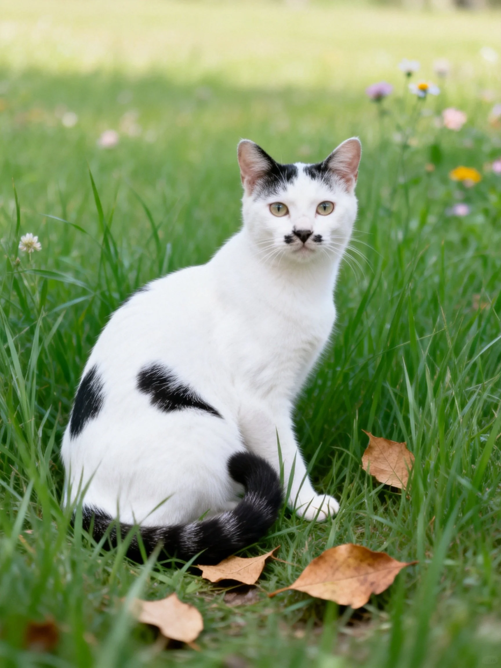 A white cat with black patches sits in tall green grass among wildflowers