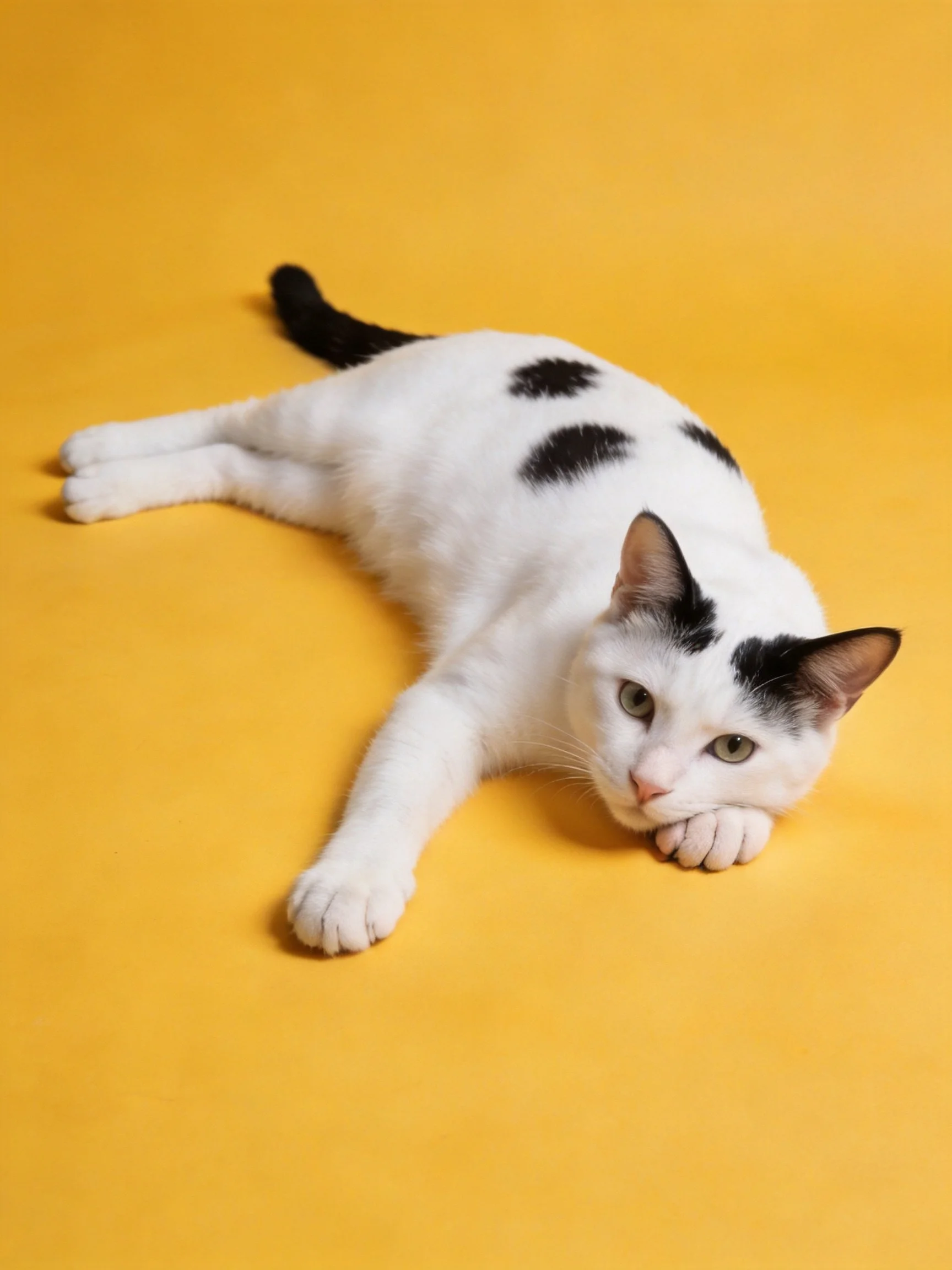 A white cat with black spots resting on a bright yellow surface