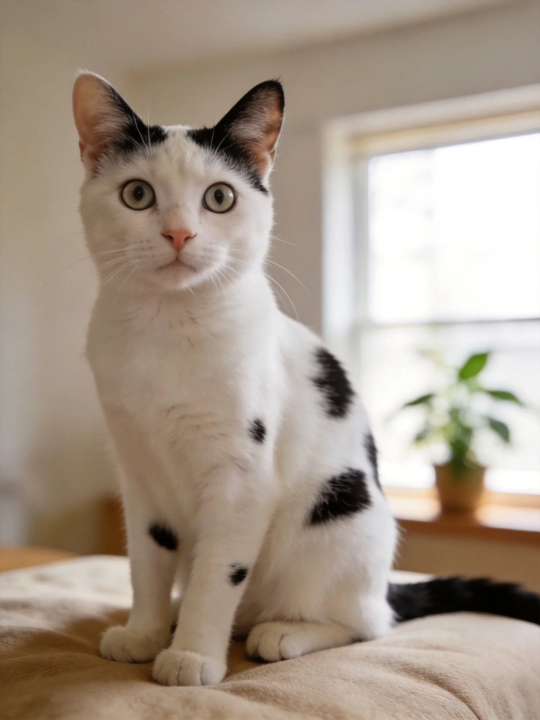 A white cat with black spots sits near a sunlit window