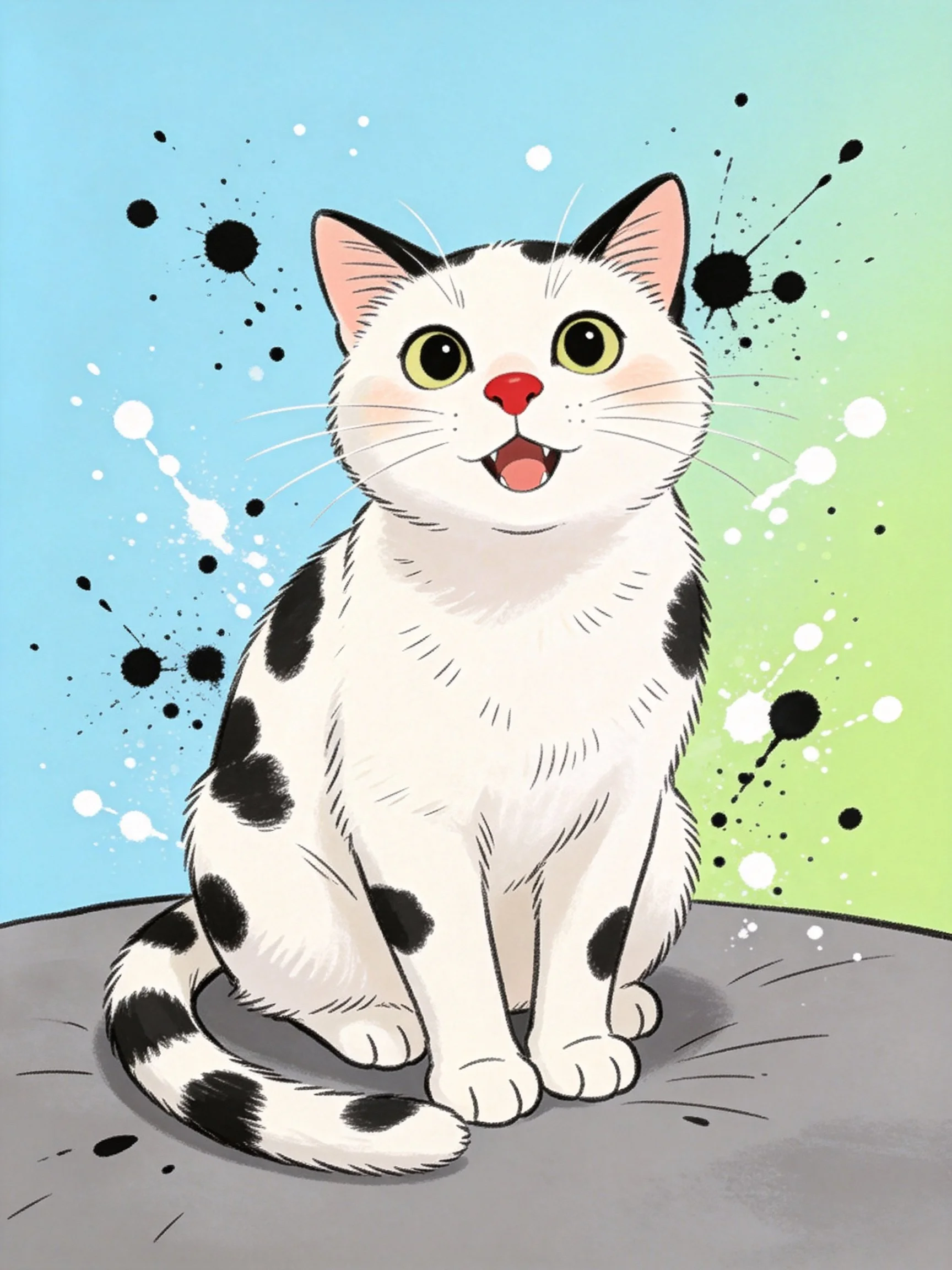 A white cat with black spots sits on a gray surface amid blue-green gradient background