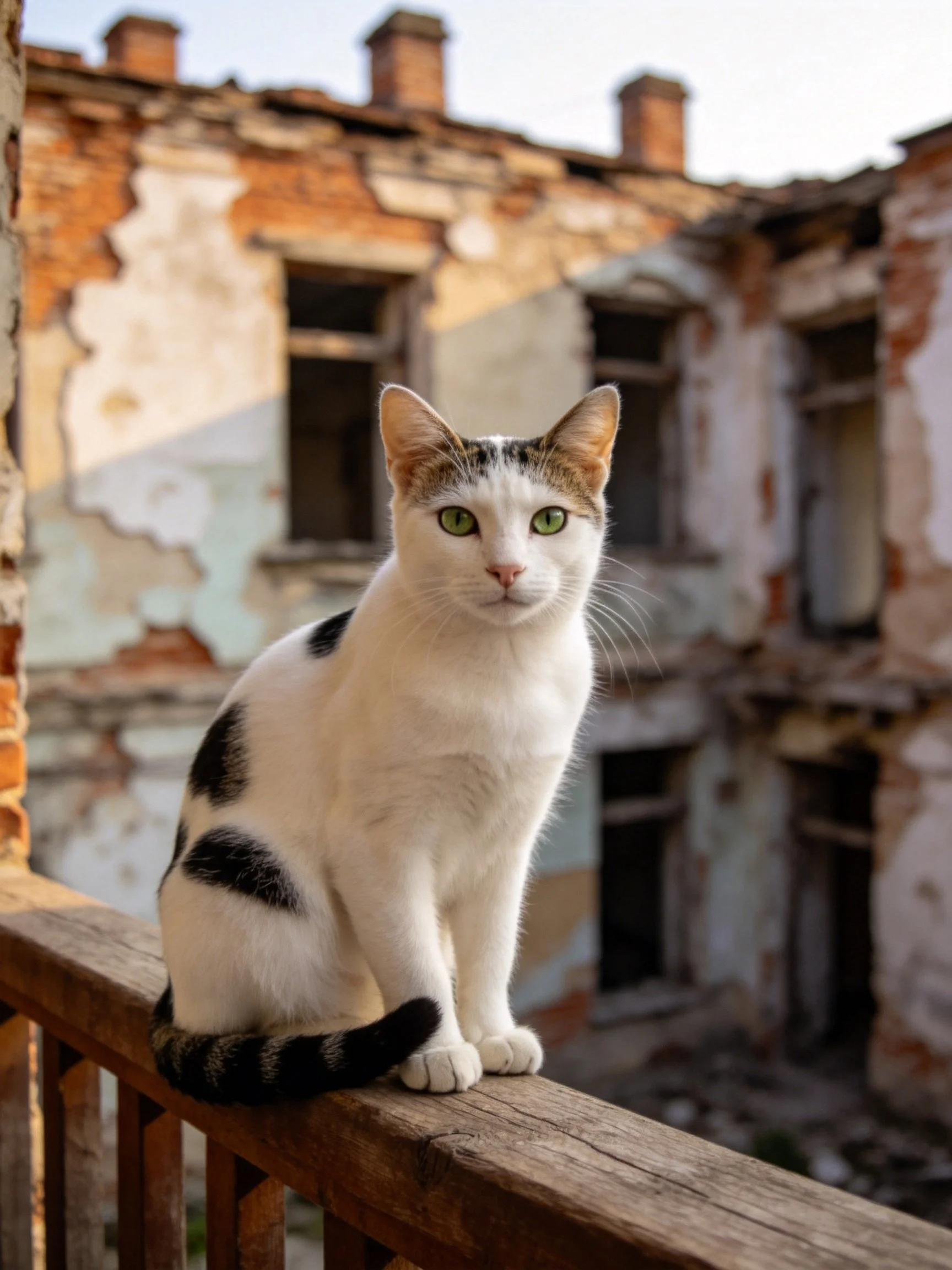 A white cat with black spots sits on a wooden railing near an old, crumbling building.