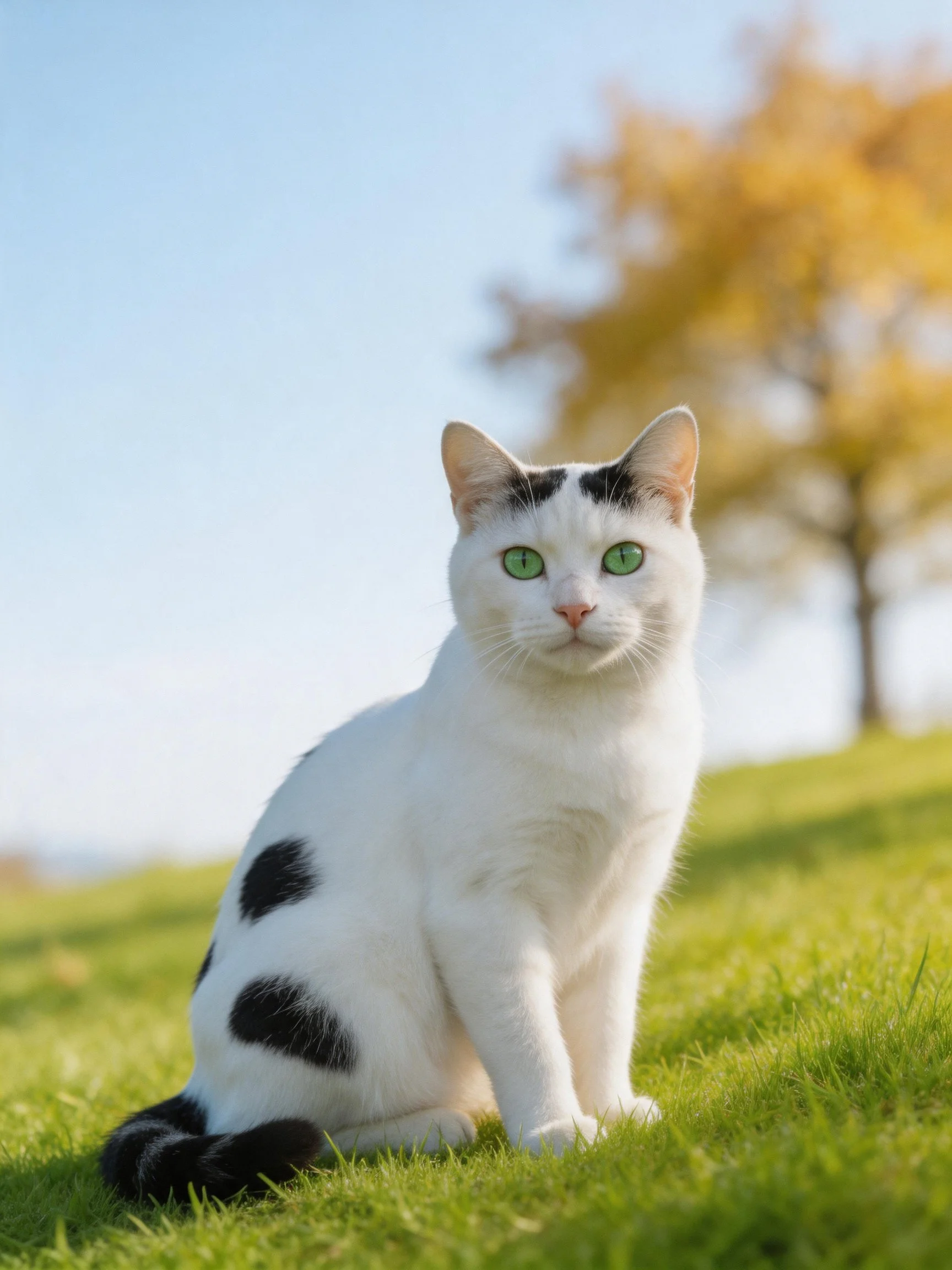 A white cat with black spots sits on grass near a golden-leaved tree