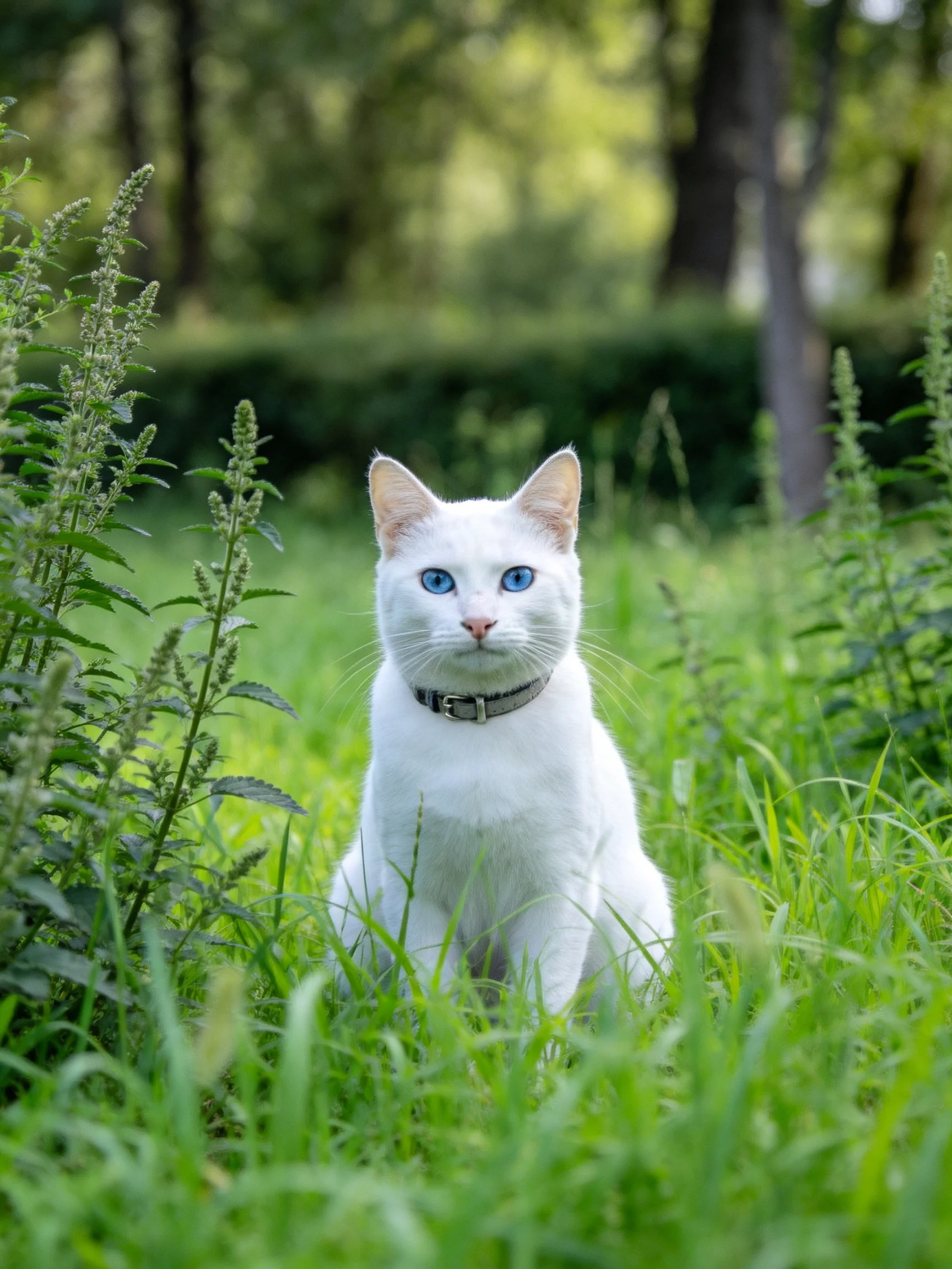 A white cat with blue eyes is nestled in tall green grass outdoors.