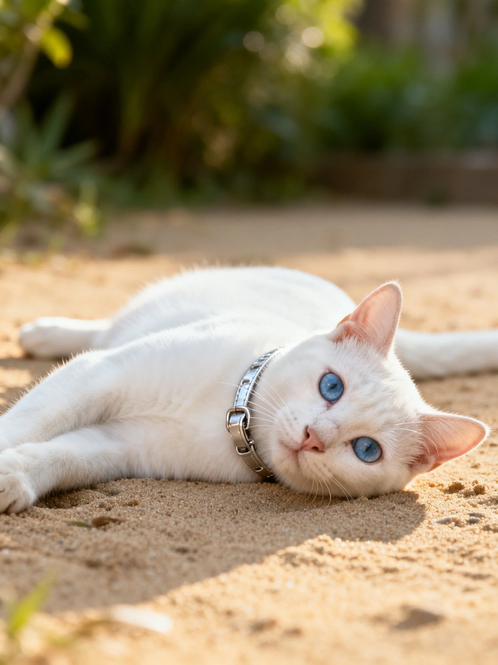 A white cat with blue eyes lies on sandy ground outdoors