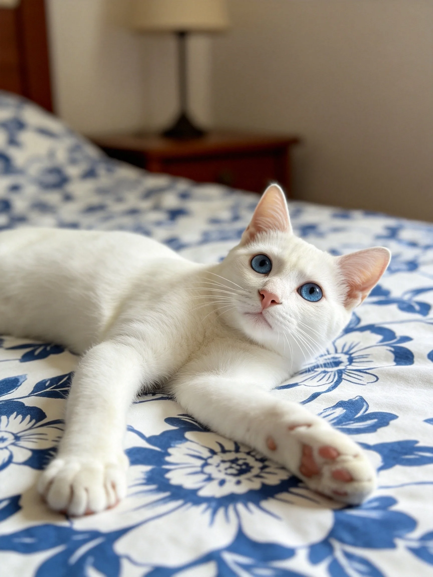 A white cat with blue eyes lounging on a blue floral bedspread
