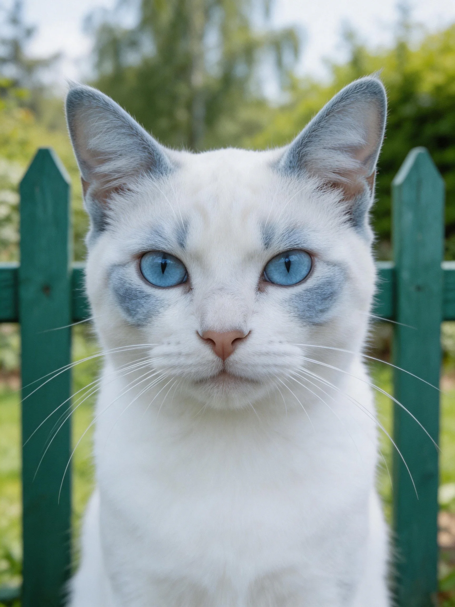 A white cat with blue eyes poses beside a green picket fence in an outdoor setting.