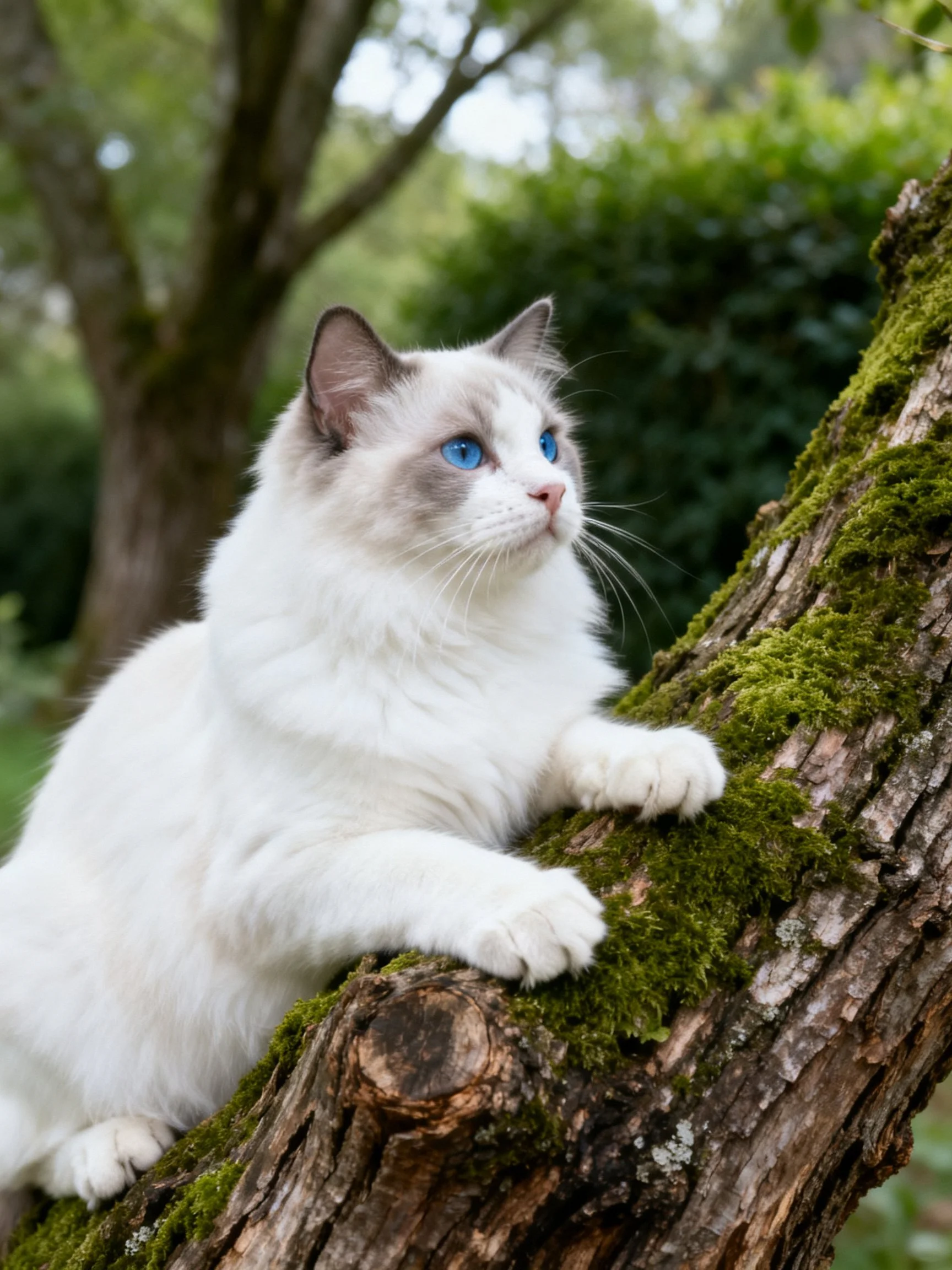 A white cat with blue eyes rests on a mossy tree branch in a green outdoor setting.