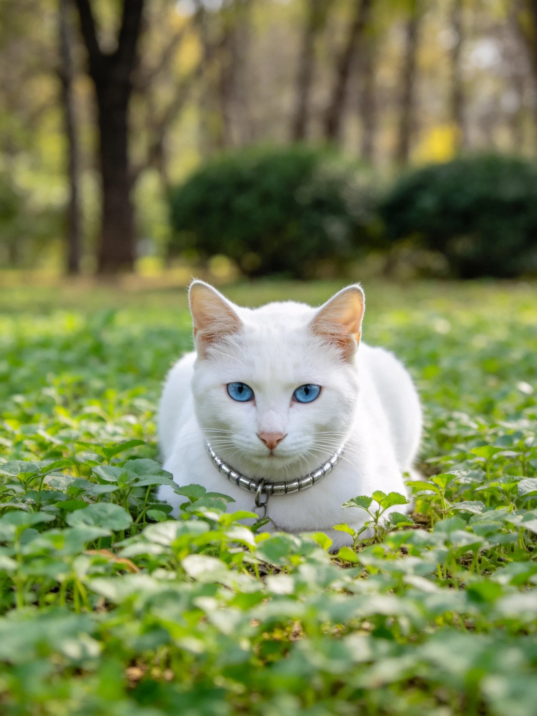 A white cat with blue eyes resting among lush green foliage