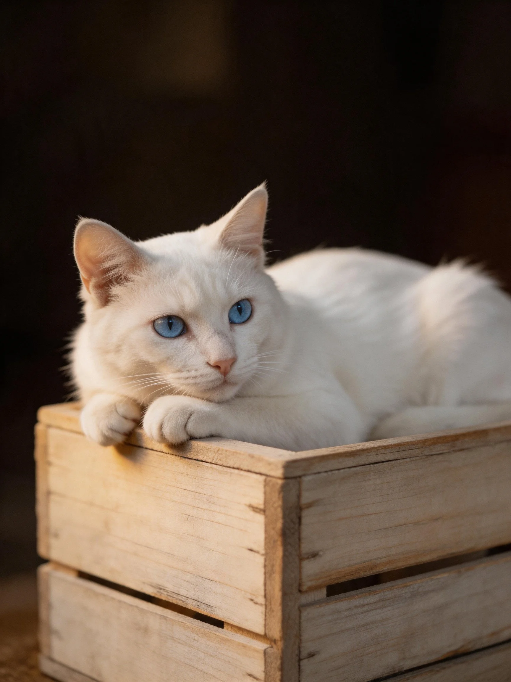 A white cat with blue eyes resting in a wooden crate