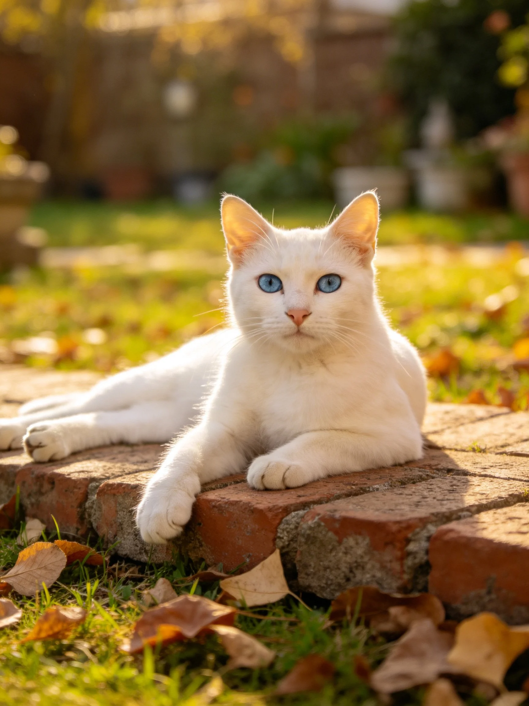A white cat with blue eyes resting on brick pavement in a sunlit garden