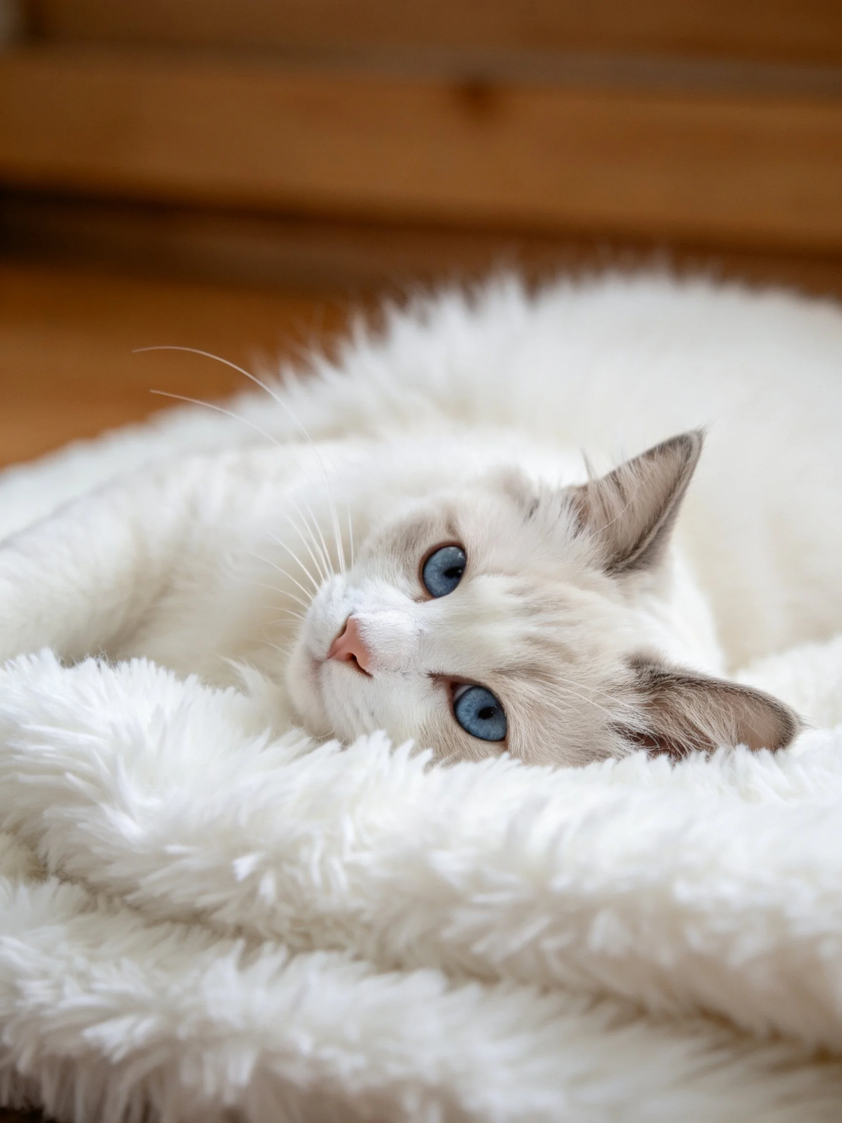 A white cat with blue eyes relaxes on a soft blanket.