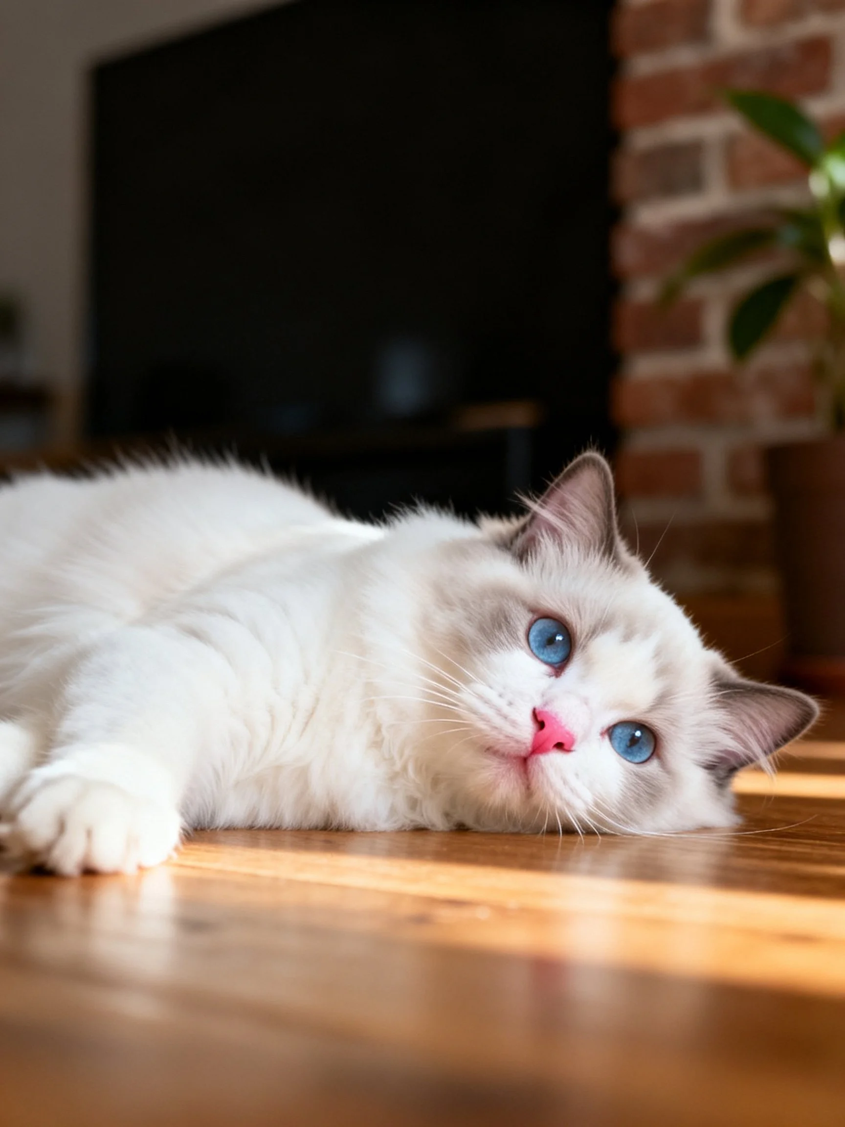 A white cat with blue eyes relaxes on a wooden floor in a cozy indoor setting.