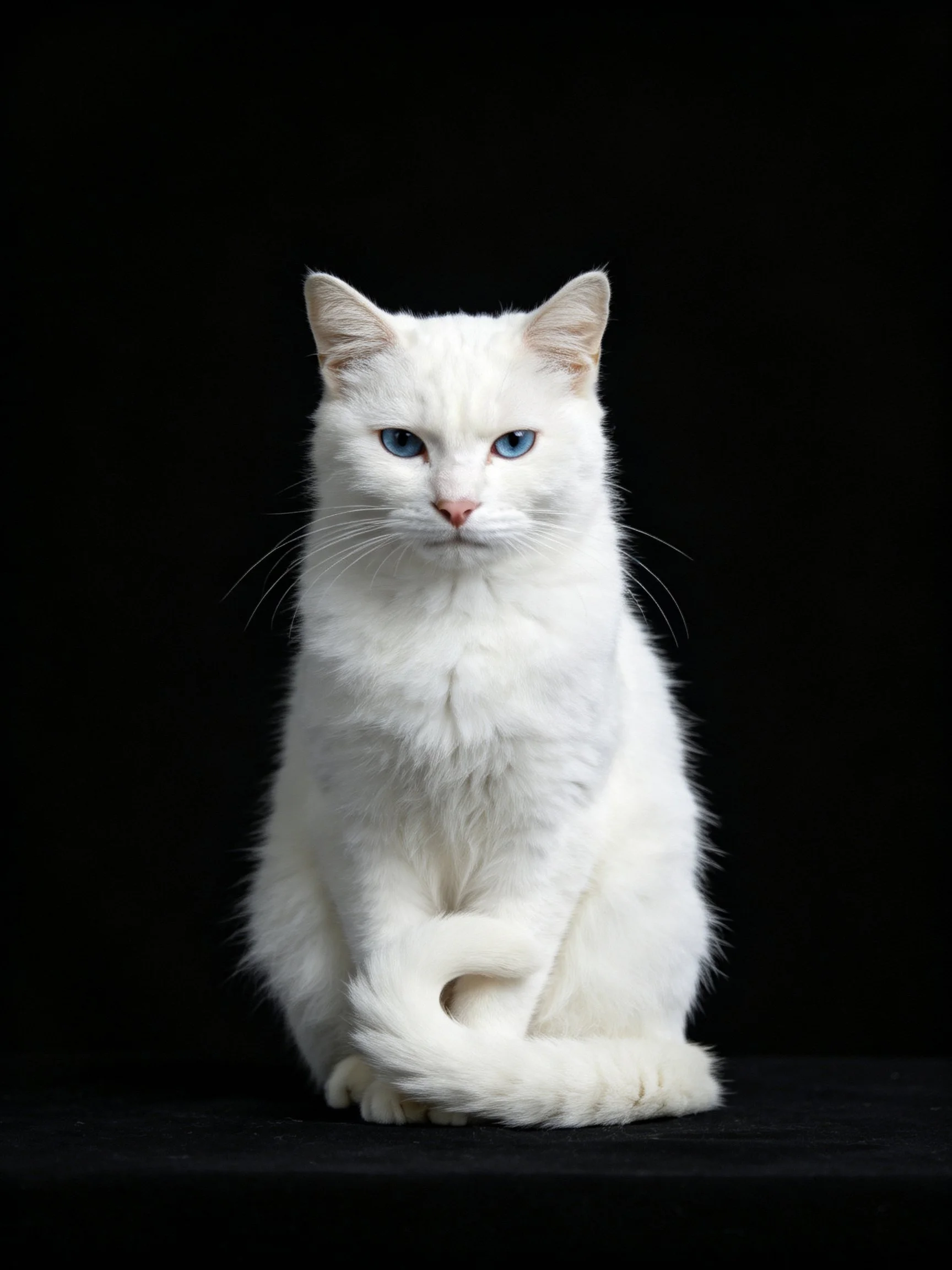 A white cat with blue eyes sits calmly amid a stark black background.