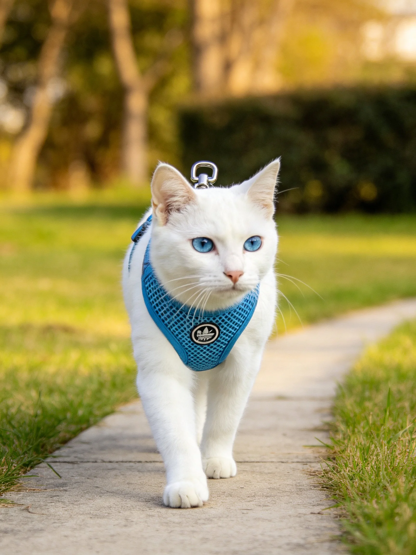 A white cat with blue eyes walks along a stone path wearing a blue harness