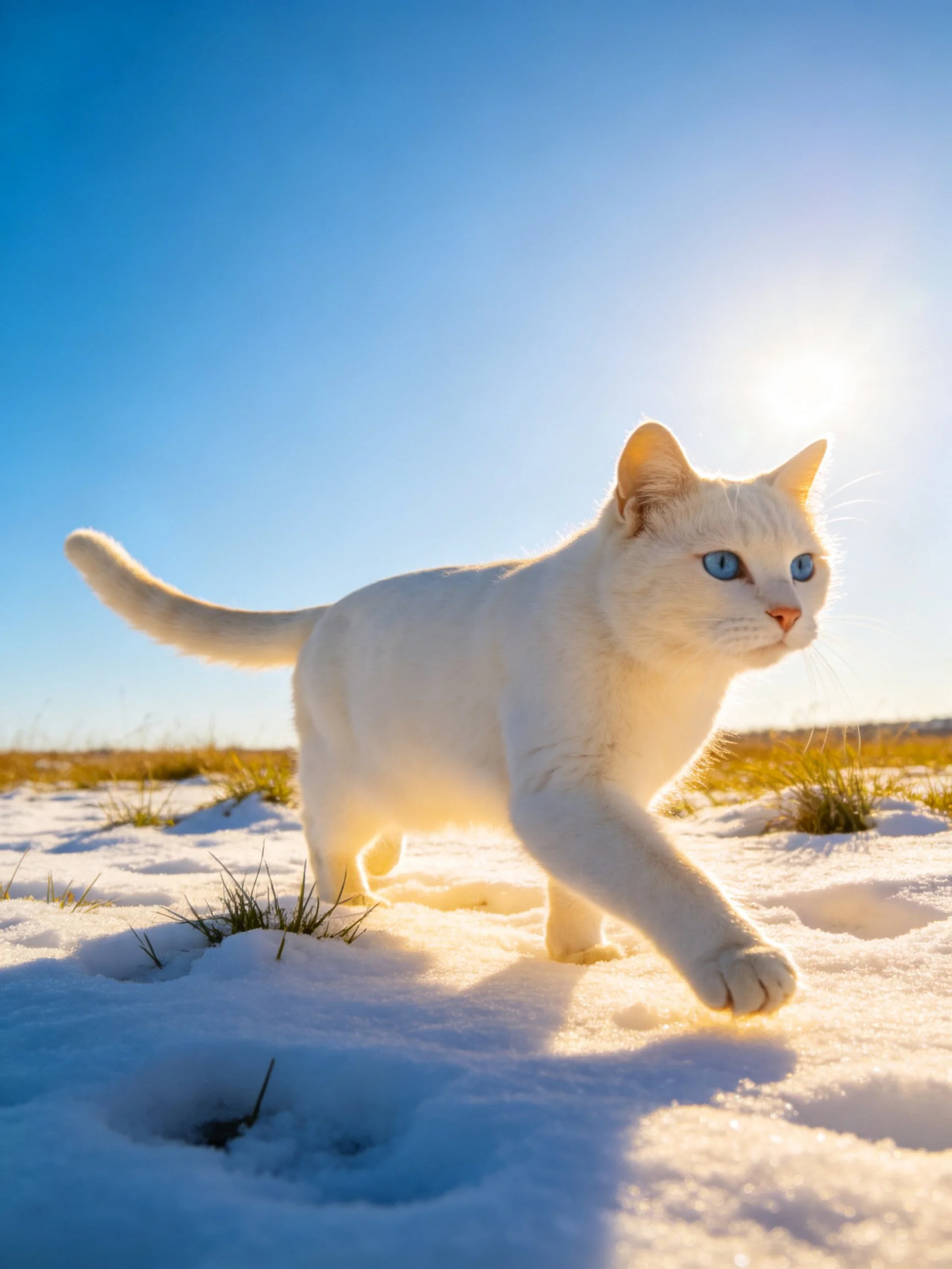 A white cat with blue eyes walks through snow in a sunny landscape.