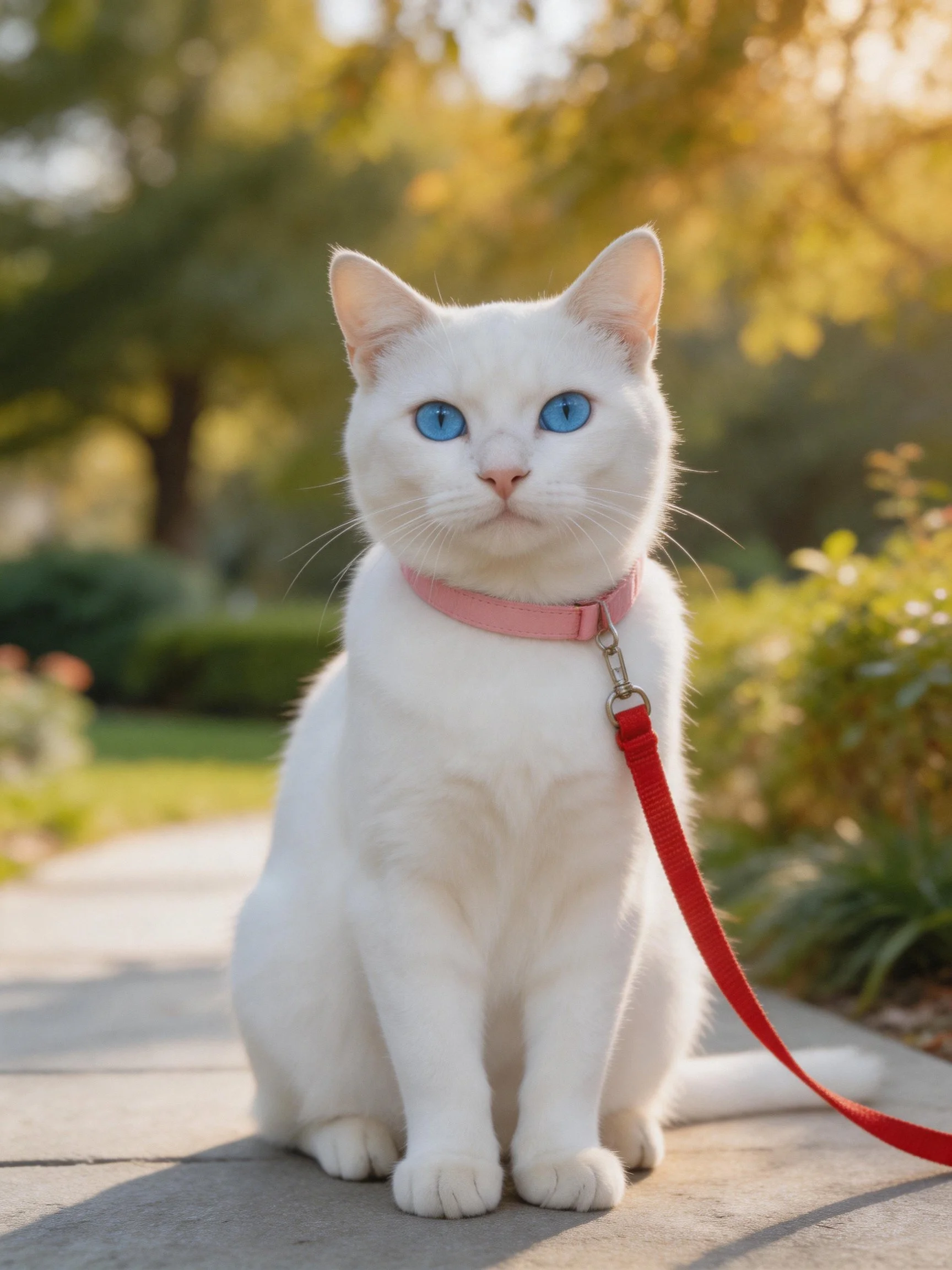 A white cat with blue eyes wearing a pink collar and red leash outdoors