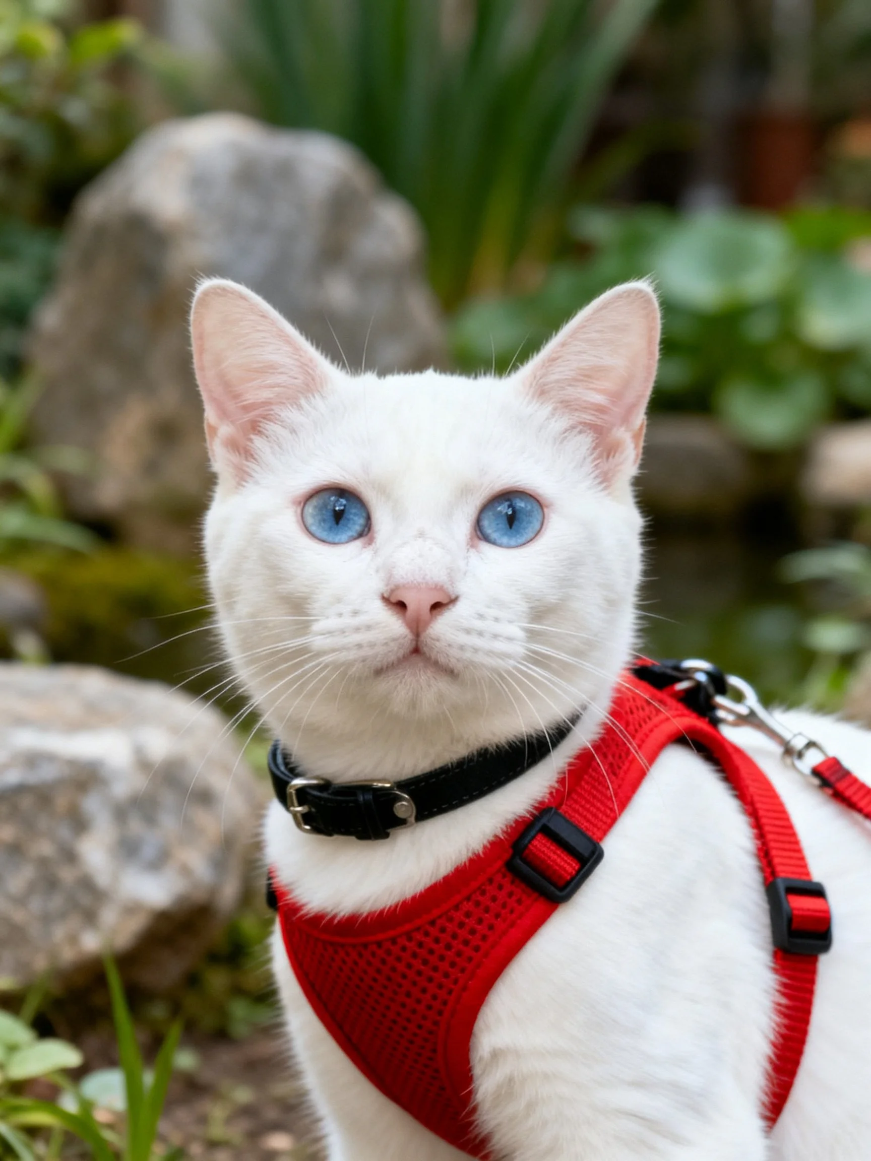 A white cat with blue eyes wears a red harness near rocks and greenery
