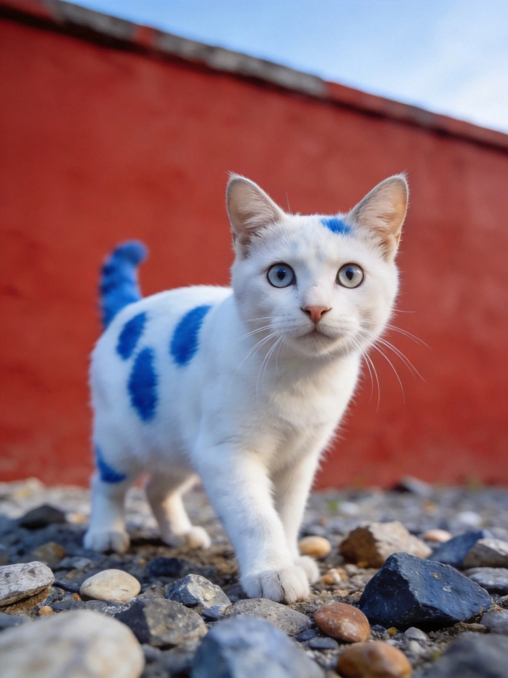 A white cat with blue patches near a red wall on rocky ground
