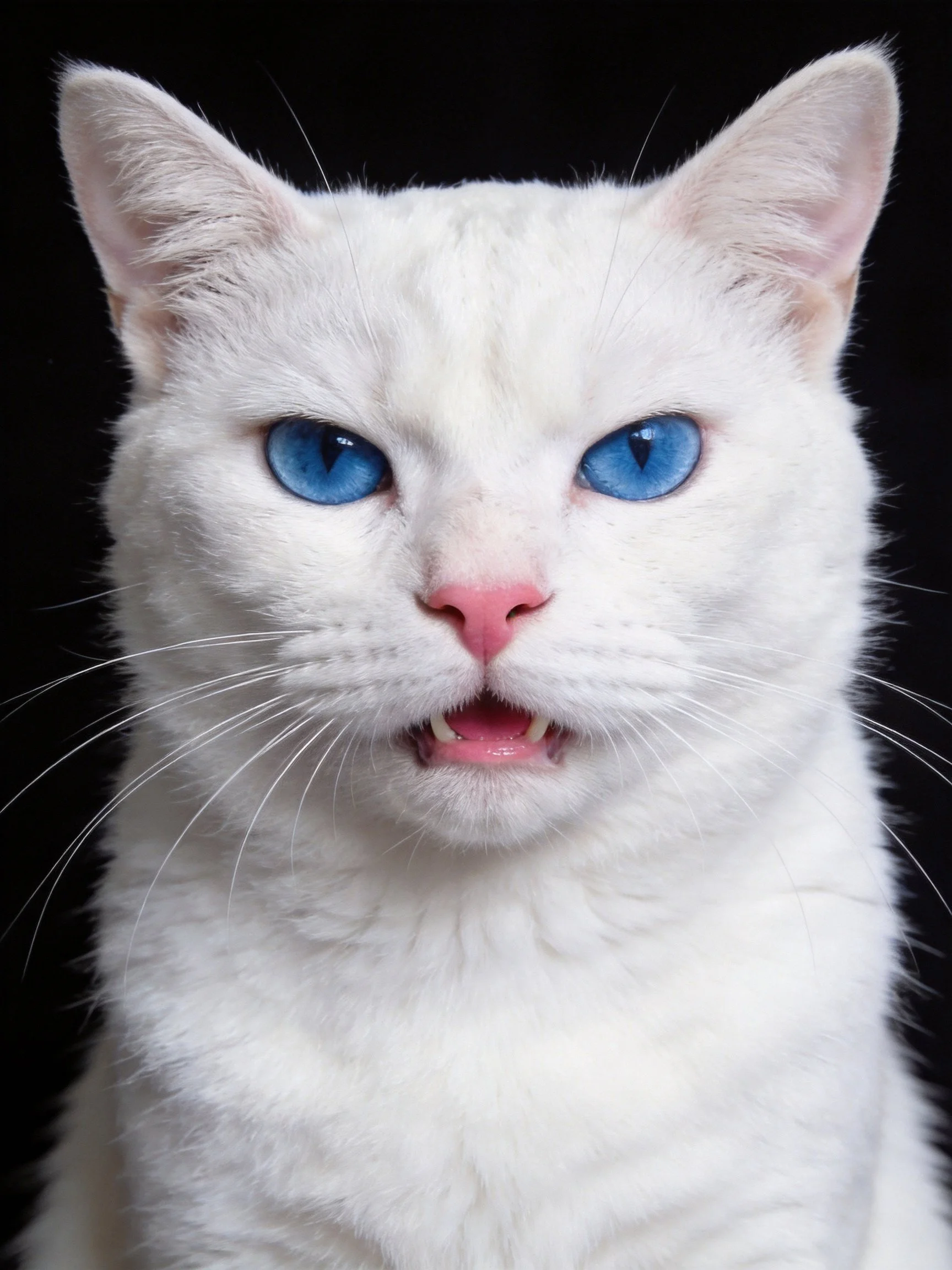 A white cat with bright blue eyes and pink nose on black