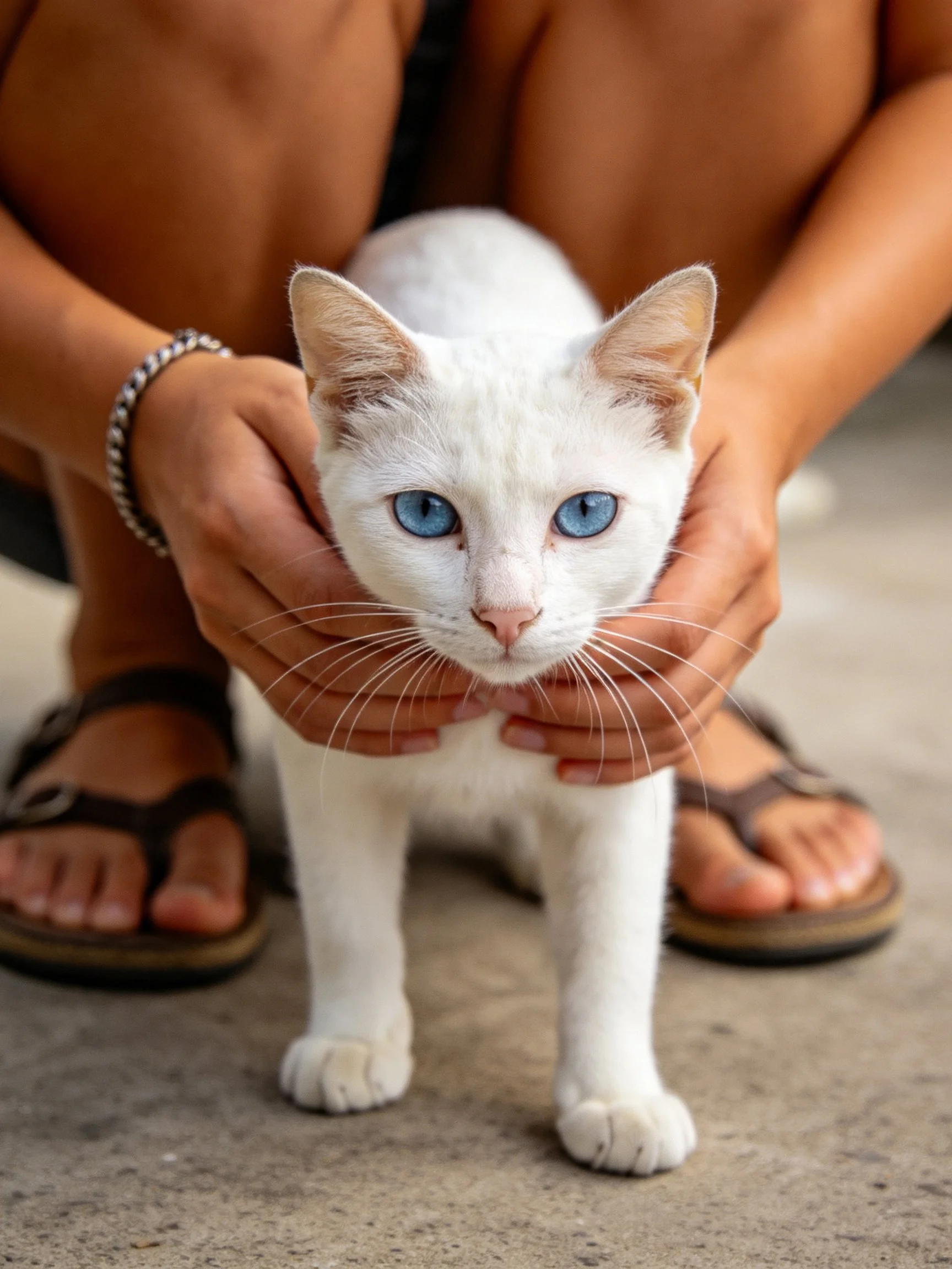 A person gently holds a white cat with striking blue eyes.