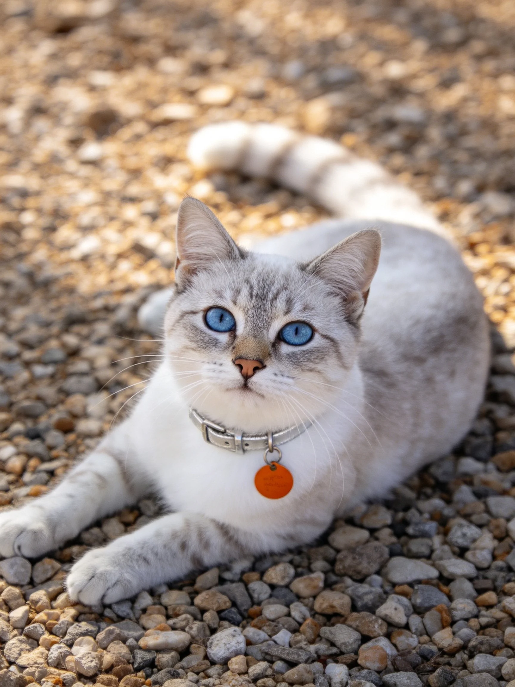 A white cat with blue eyes relaxes on gravel in a sunlit outdoor space