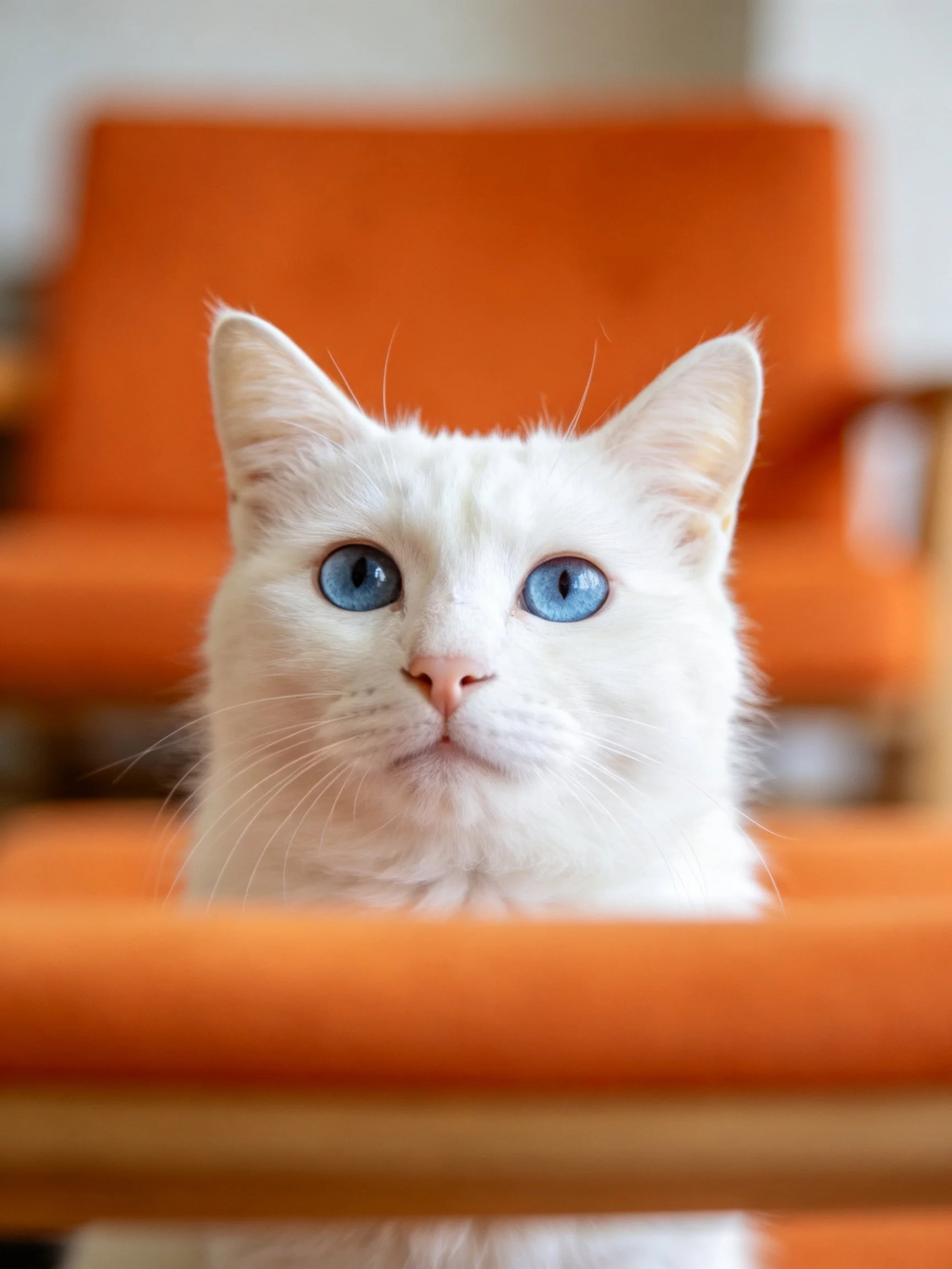 A white cat with blue eyes is positioned next to an orange chair.
